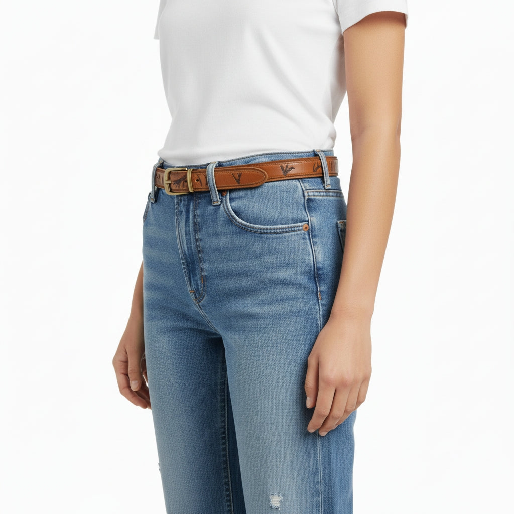 Beltley Artisan Stamped Leather Belt | Cognac Brown with Curved Brass Buckle