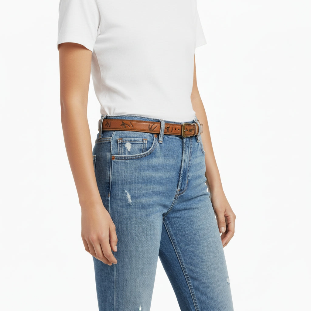 Beltley Artisan Stamped Leather Belt | Cognac Brown with Curved Brass Buckle