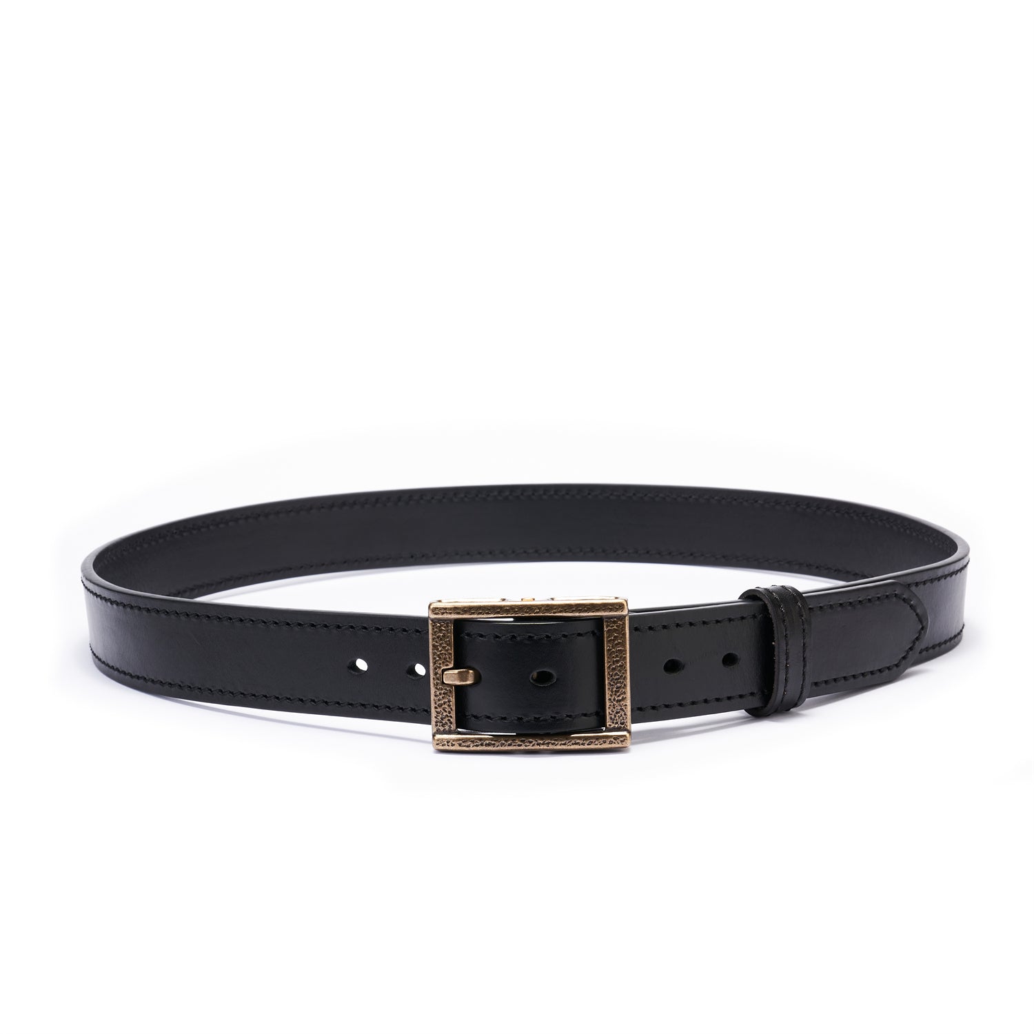 Black Double Layer Full-Grain Leather Belt for Men (Vintage Brass Buckle)