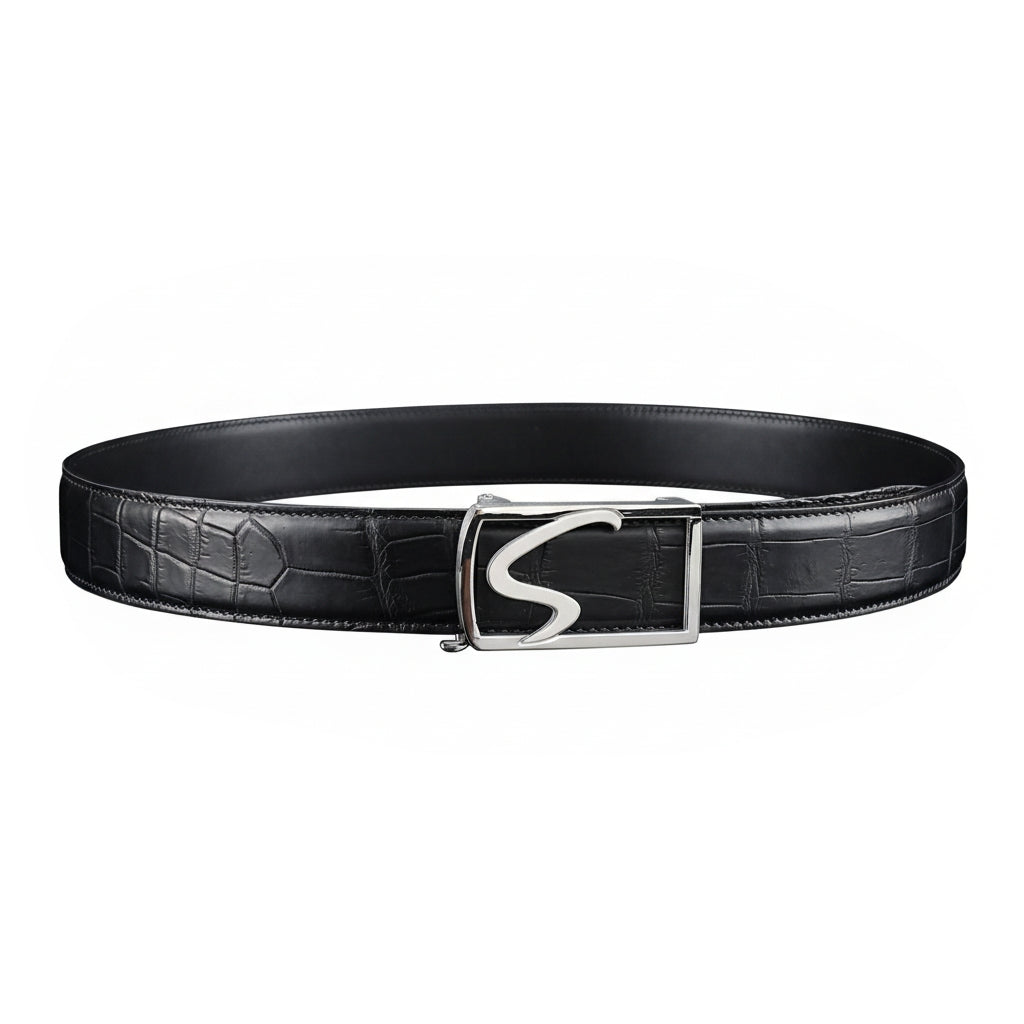 BELTLEY Black Genuine Crocodile Leather Ratchet Belt — 1.5"