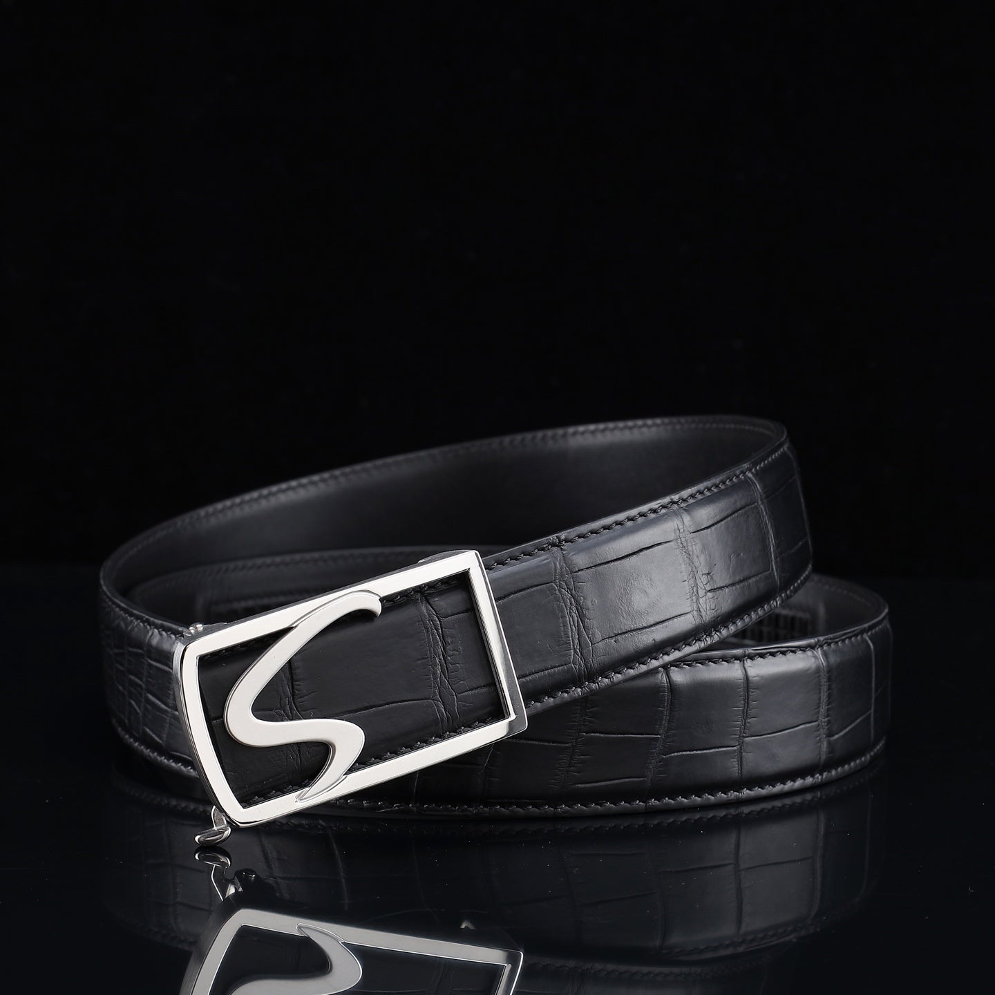 BELTLEY Black Genuine Crocodile Leather Ratchet Belt — 1.5"