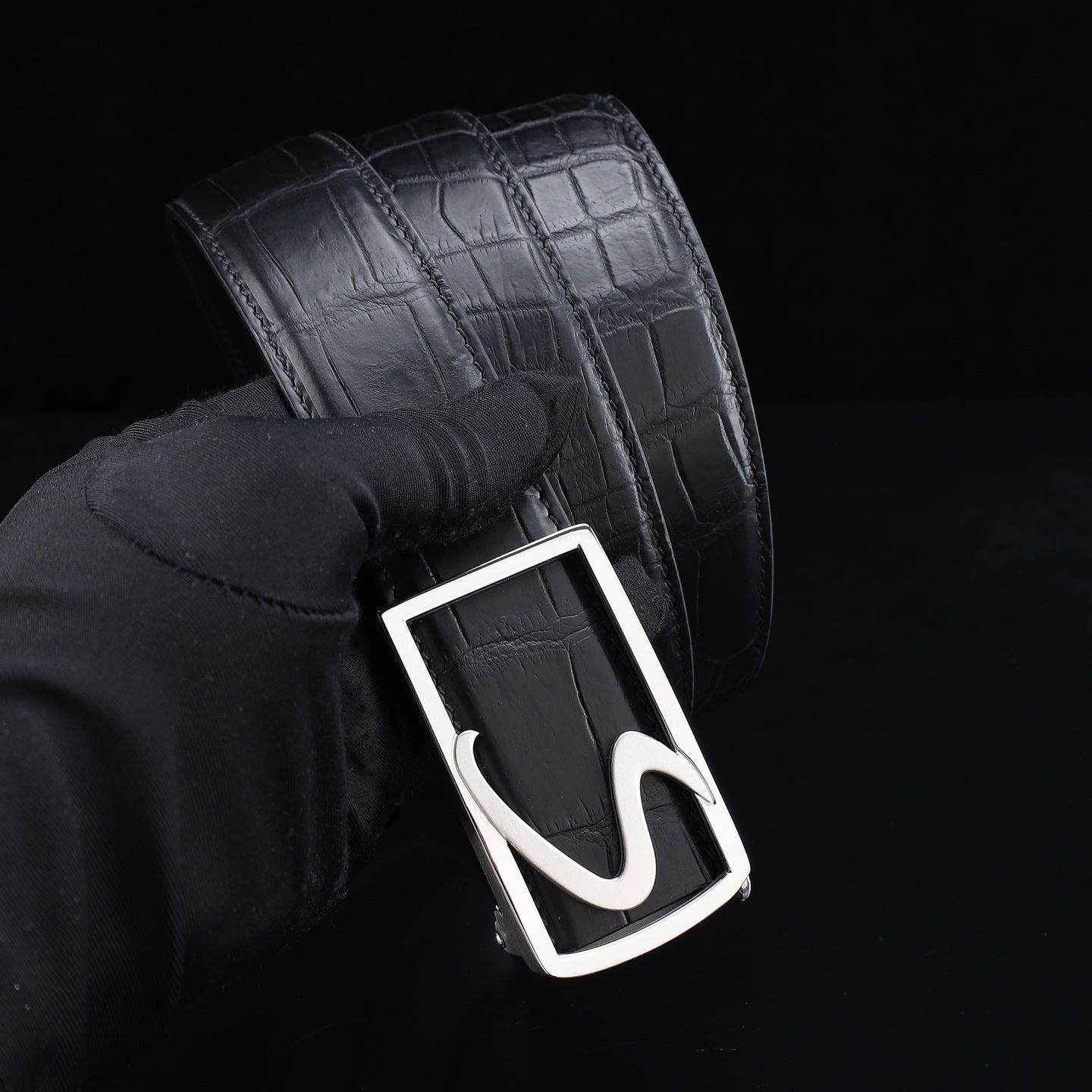 BELTLEY Black Genuine Crocodile Leather Ratchet Belt — 1.5"