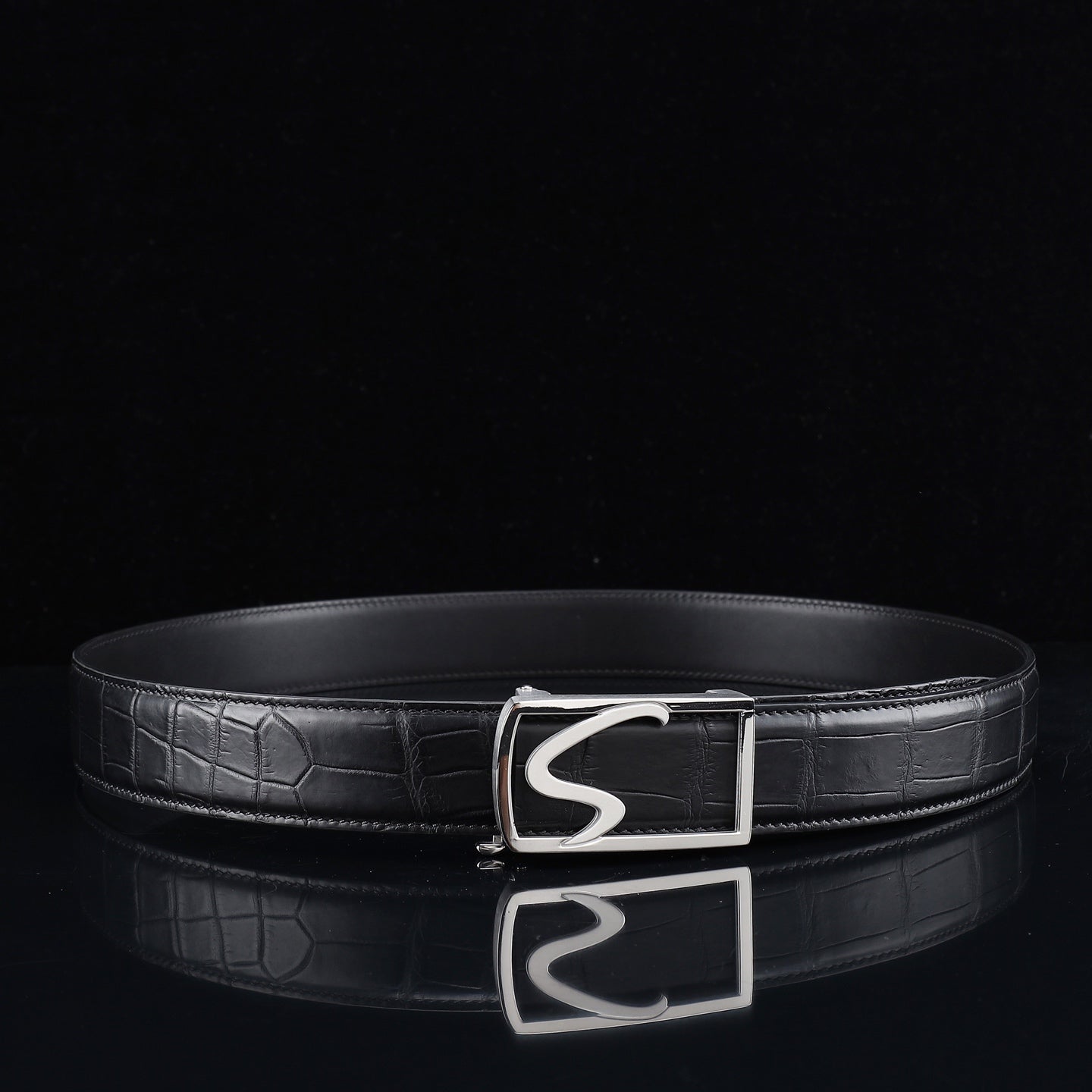 BELTLEY Black Genuine Crocodile Leather Ratchet Belt — 1.5"