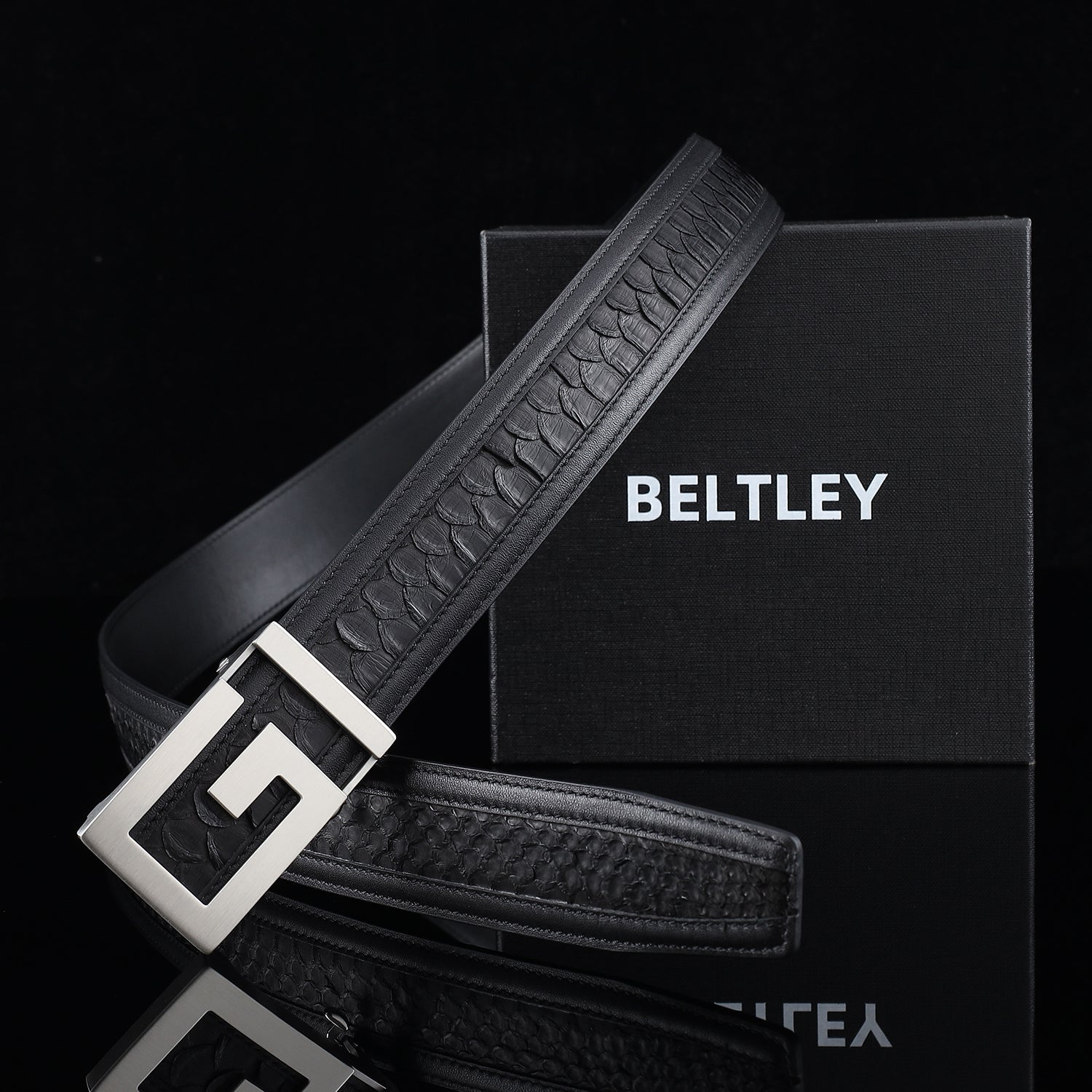 Black Python Leather Belt with Ratchet Buckle-1.5 Inches