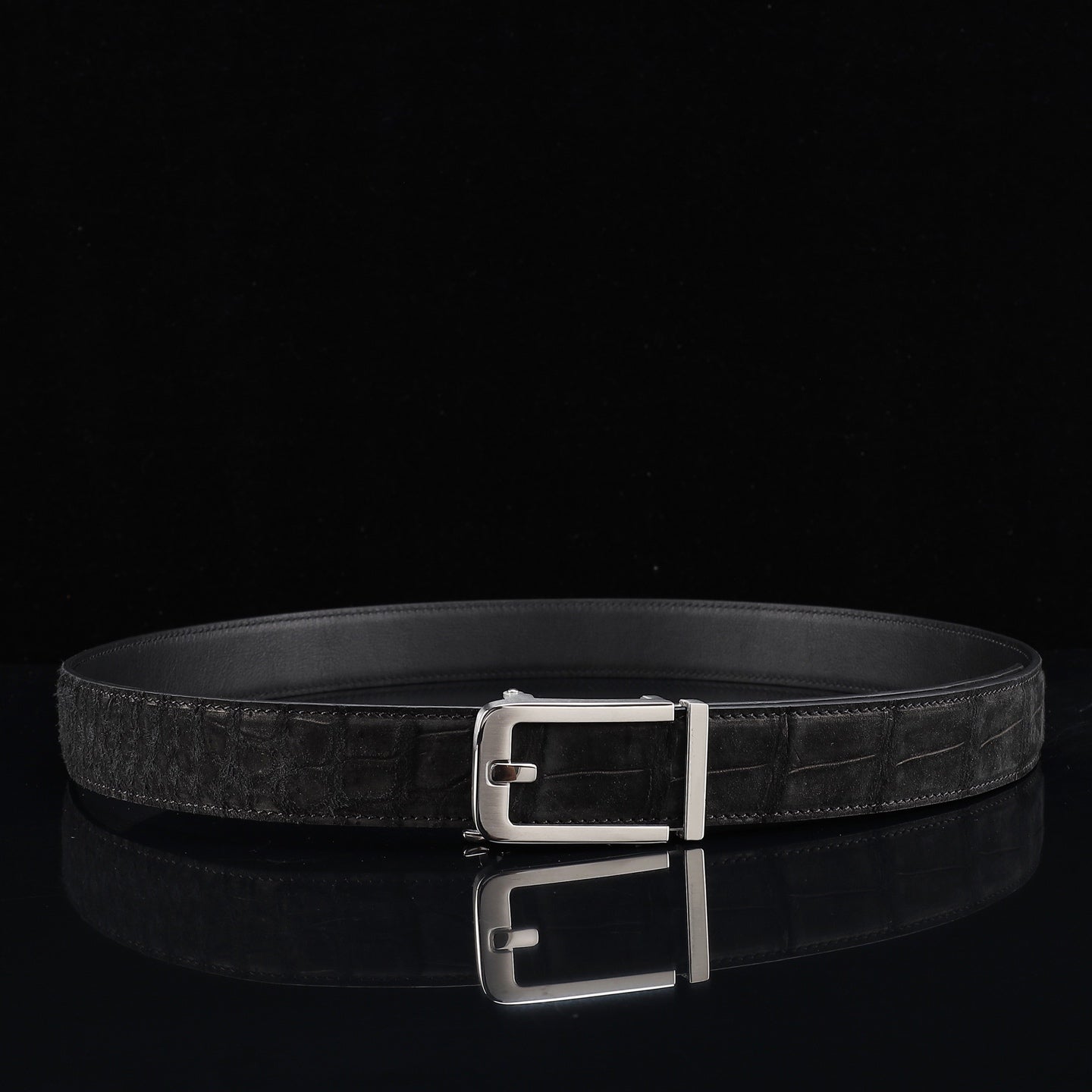 BELTLEY Black Sueded Crocodile Leather Ratchet Belt — 1.5" (38mm)