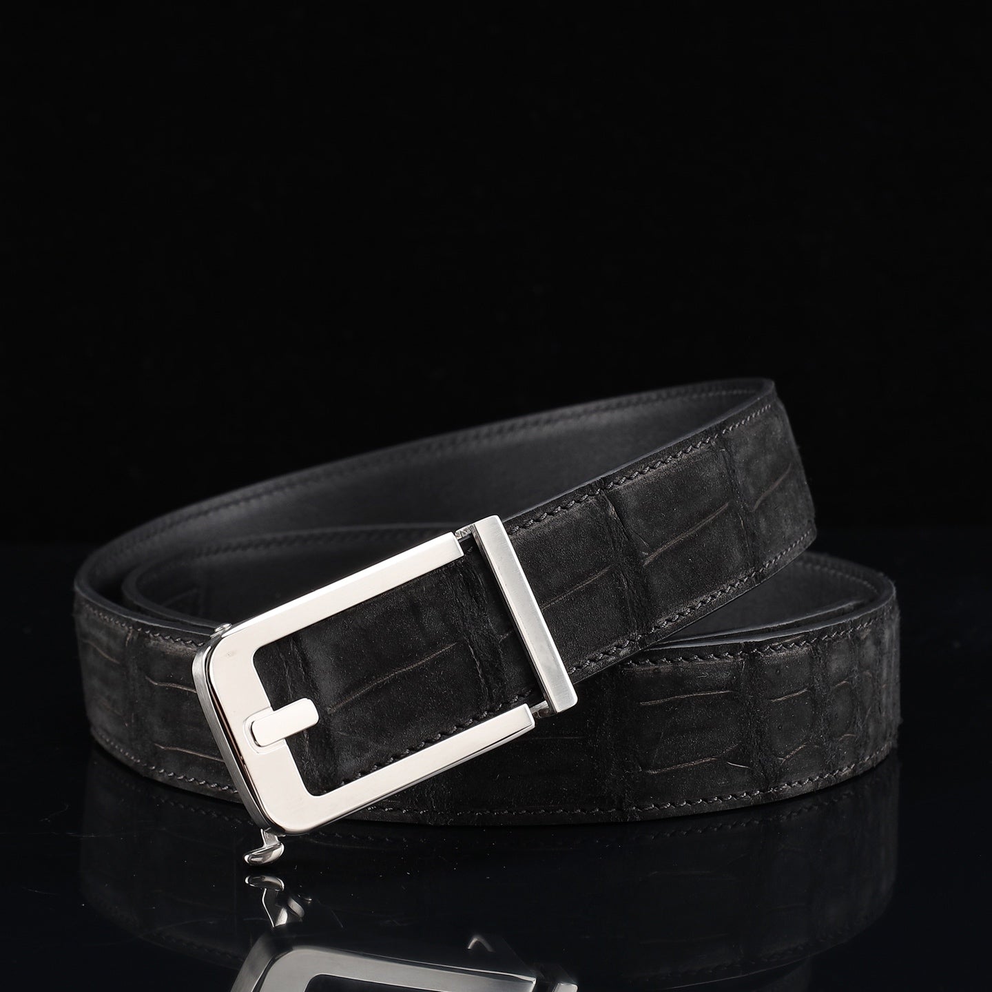 BELTLEY Black Sueded Crocodile Leather Ratchet Belt — 1.5" (38mm)