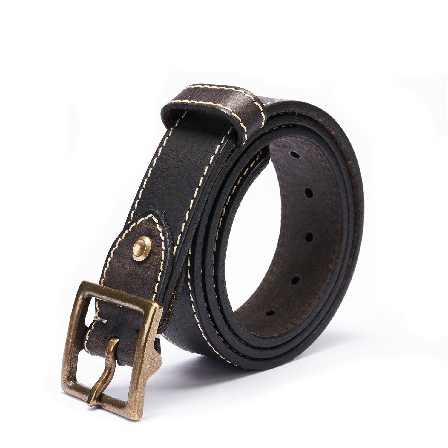 Black Vintage Brass Buckle Belt – 100% Full-Grain Leather with White Topstitching