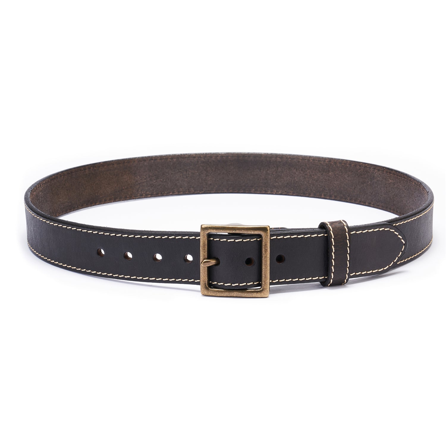 Black Vintage Brass Buckle Belt – 100% Full-Grain Leather with White Topstitching