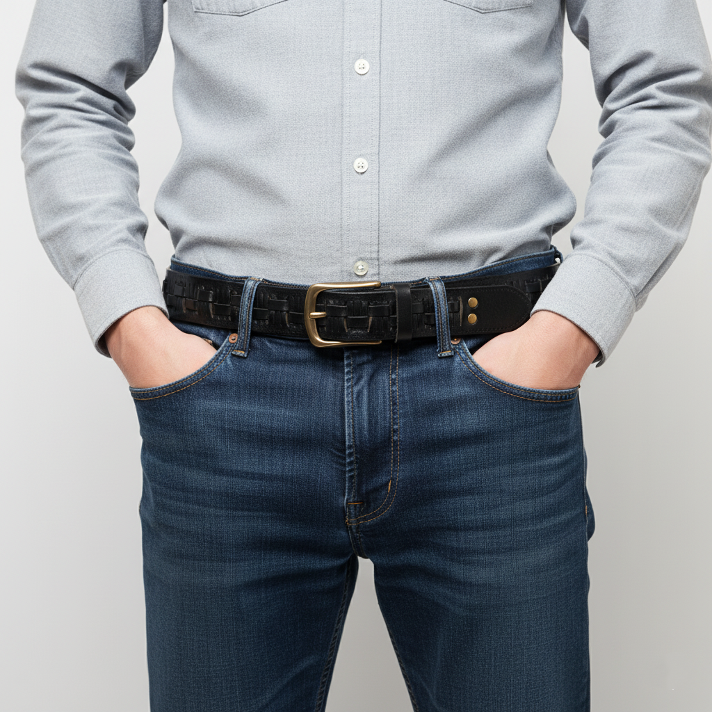 Black Artisan Braided Full Grain Leather Belt with Solid Copper Buckle -1.5 Inches