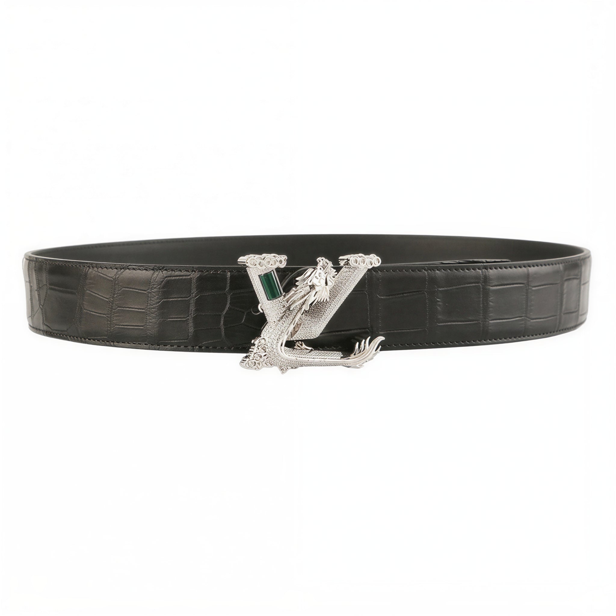Real Crocodile Leather Belt Black 1.5" – Unique Dragon Buckle — reverse side | BELTLEY