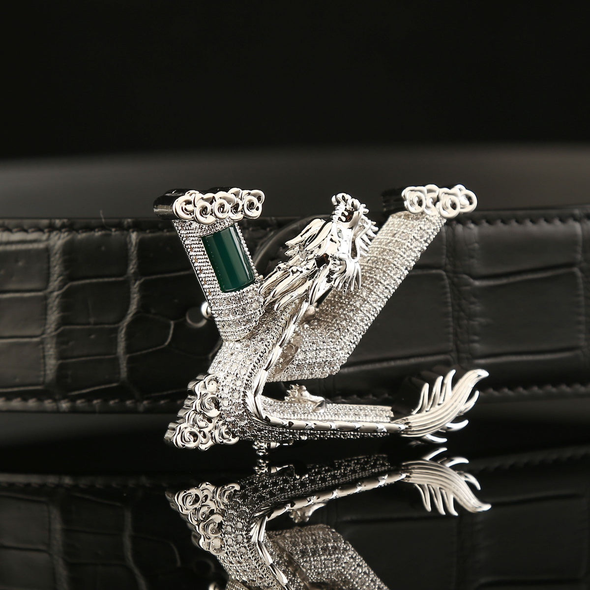 Real Crocodile Leather Belt Black 1.5" – Unique Dragon Buckle — detail close-up | BELTLEY