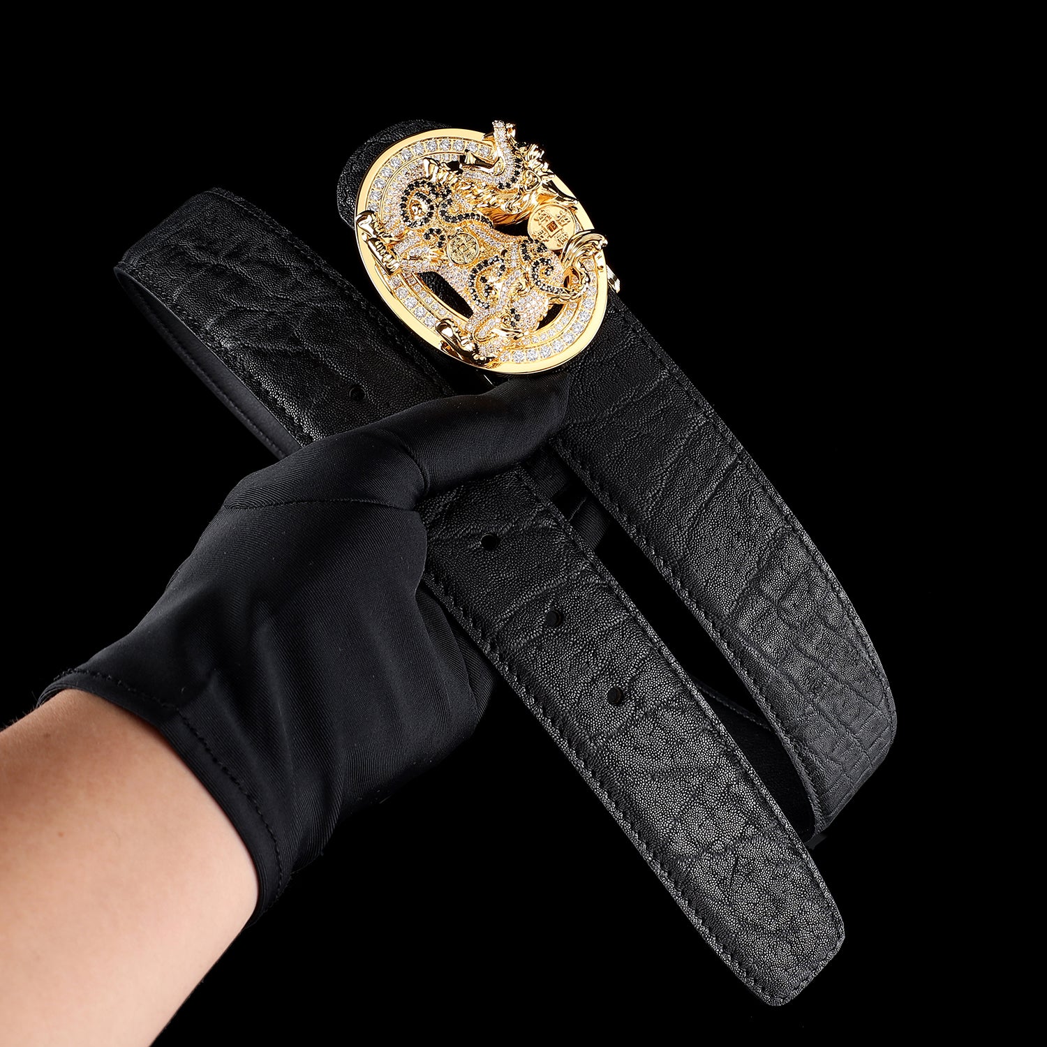 BELTLEY Black elephant belt 1.5 Inches with UNIQUE Gold Plated (Qilin) Buckle