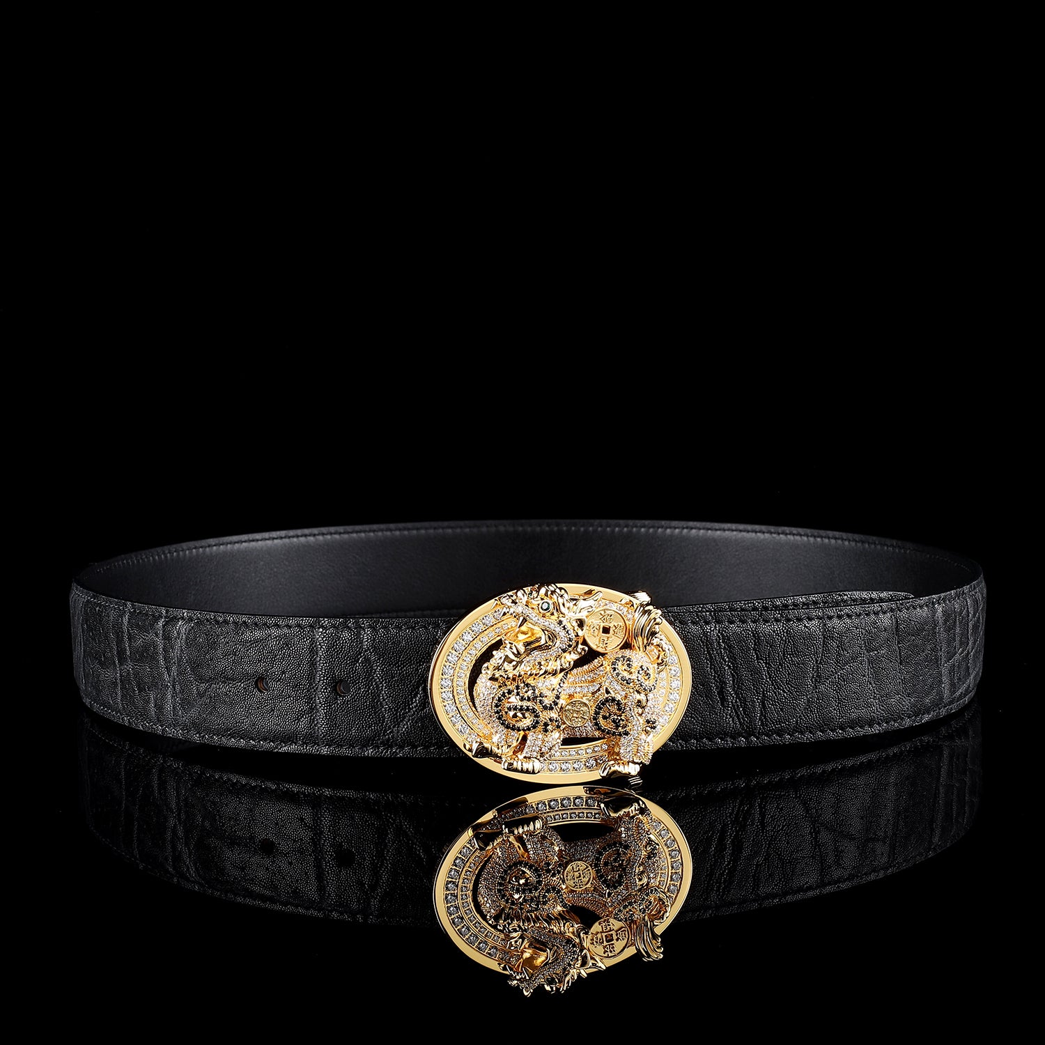 BELTLEY Black elephant belt 1.5 Inches with UNIQUE Gold Plated (Qilin) Buckle
