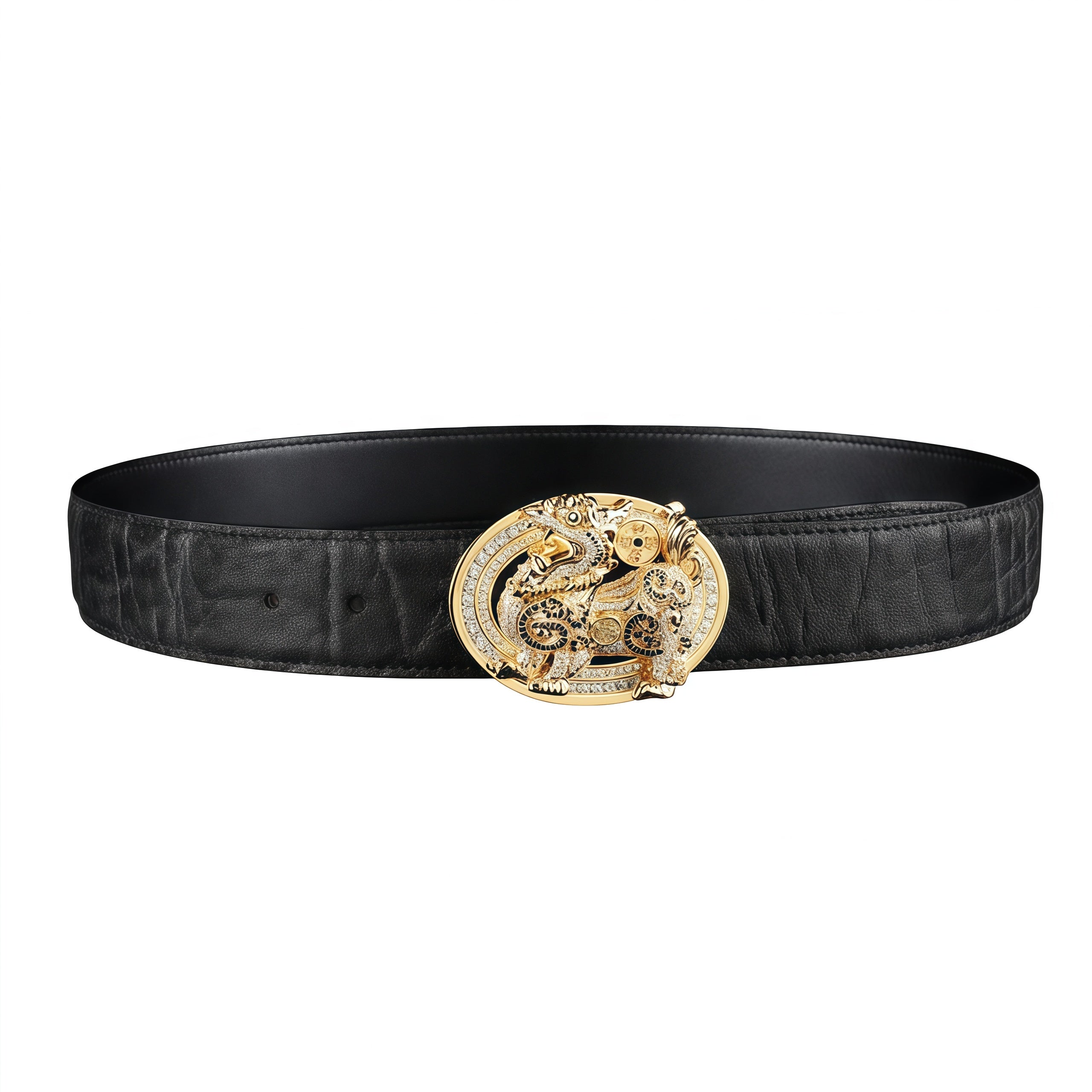 BELTLEY Black elephant belt 1.5 Inches with UNIQUE Gold Plated (Qilin) Buckle