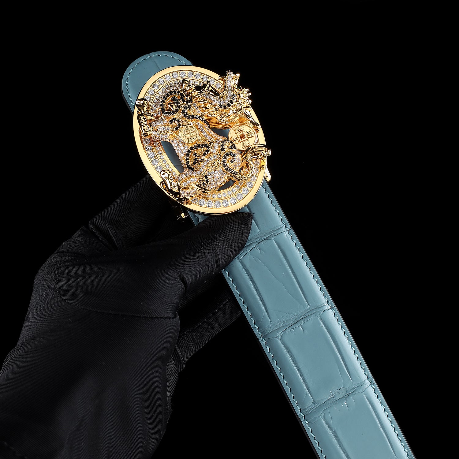 Blue Exotic Crocodile Belt With Gold Qilin Buckle by BELTLEY
