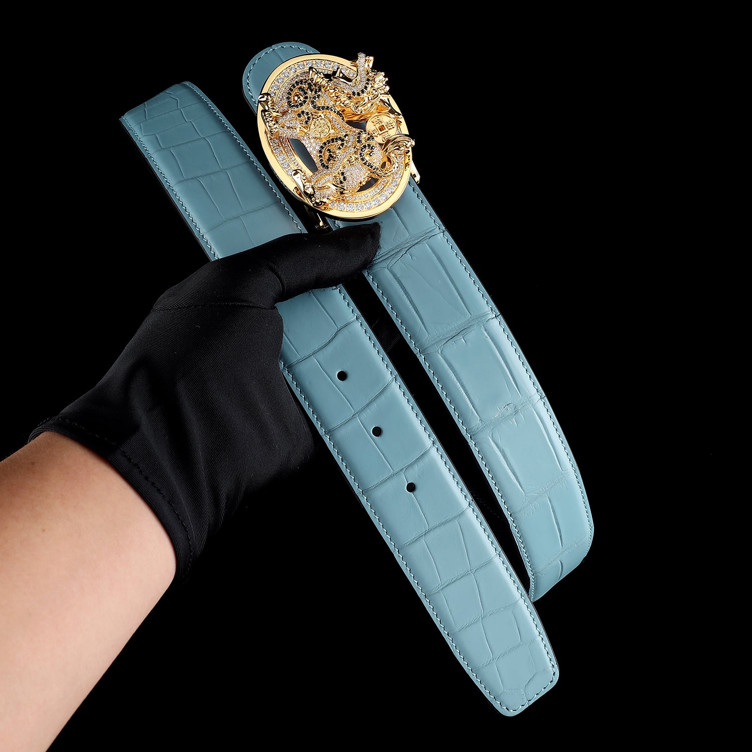 Blue Exotic Crocodile Belt With Gold Qilin Buckle by BELTLEY