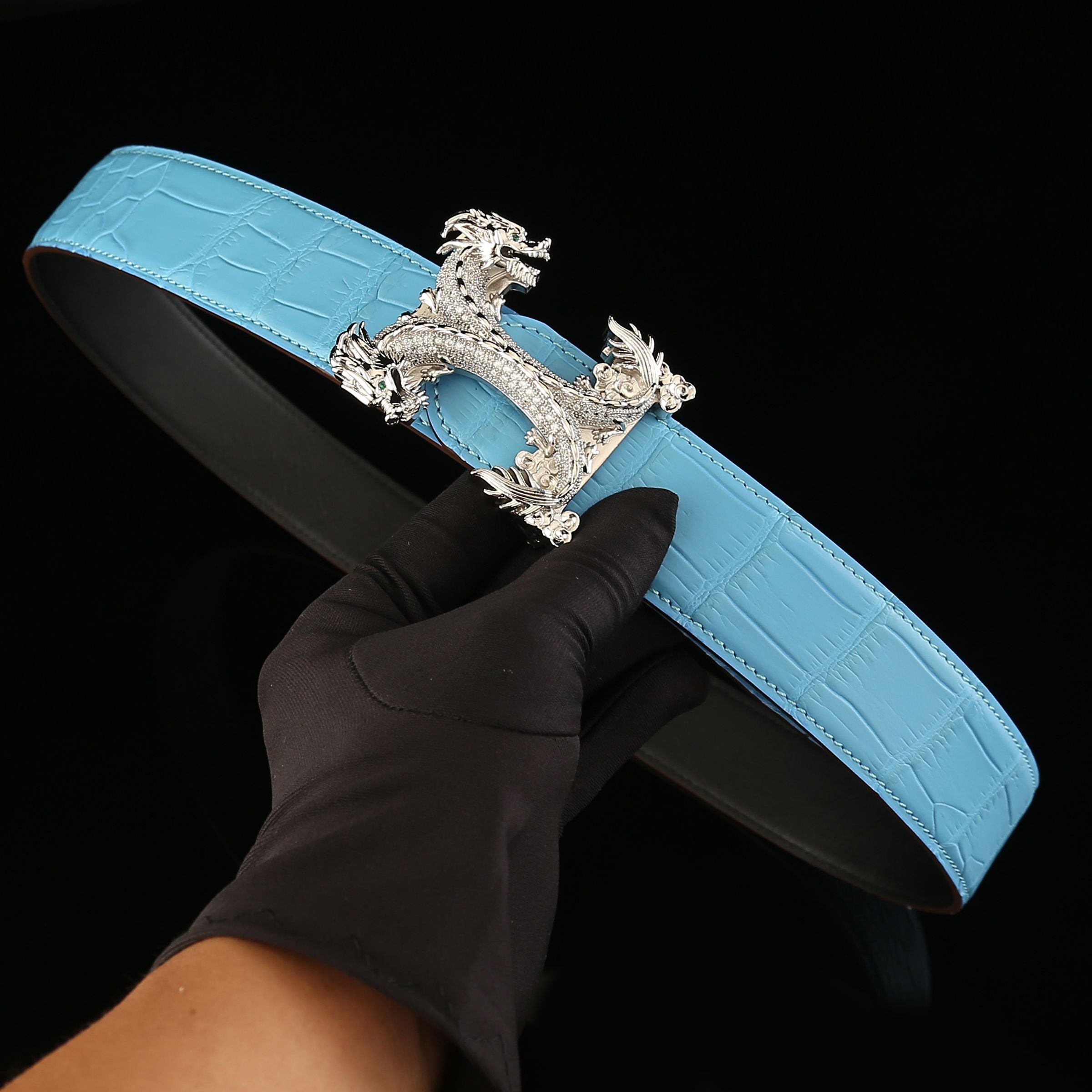 Exotic Nile Crocodile Belt for Men 1.5" Tiffany Blue — edge detail | BELTLEY