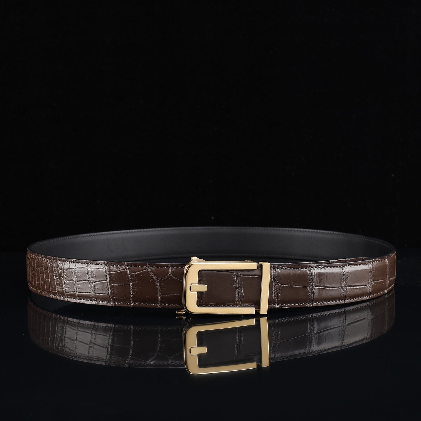 BELTLEY Brown Nile Crocodile Leather Automatic Buckle Belt — 1.5"