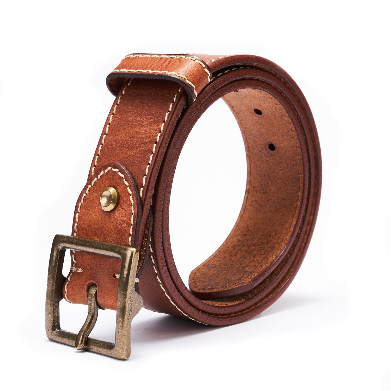 Brown Vintage Brass Buckle Belt – Full-Grain Leather with White Topstitching