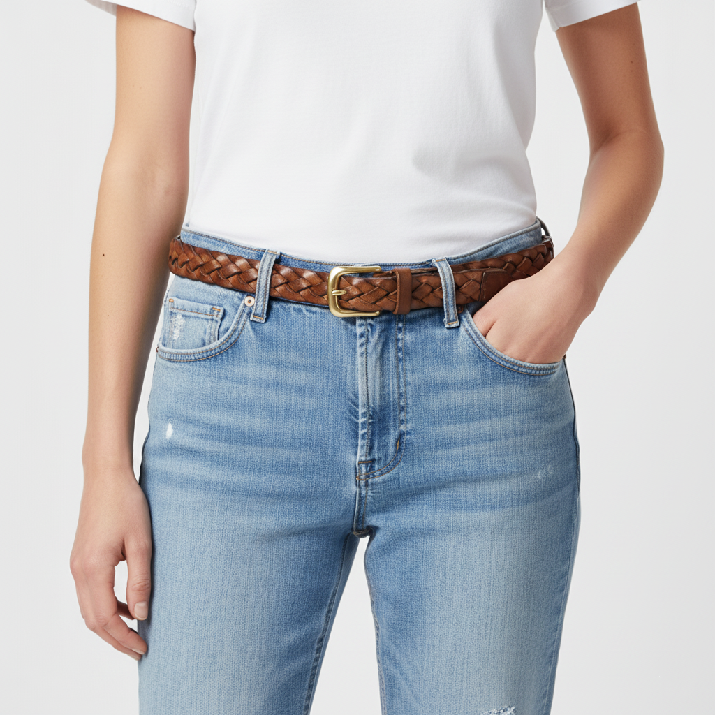 BELTLEY Brown  Braided Leather Belt for Women with Brass Buckle 1.18 Inches