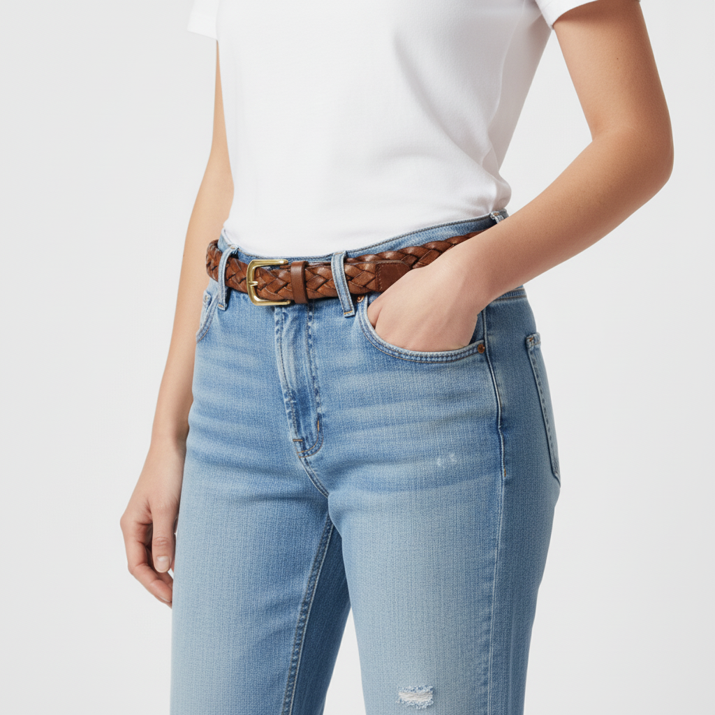 BELTLEY Brown  Braided Leather Belt for Women with Brass Buckle 1.18 Inches