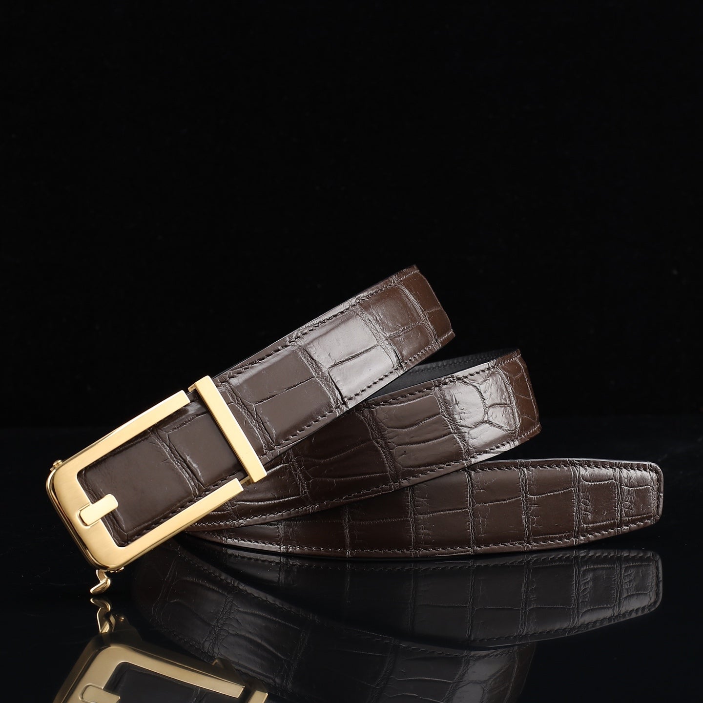 BELTLEY Brown Nile Crocodile Leather Automatic Buckle Belt — 1.5"