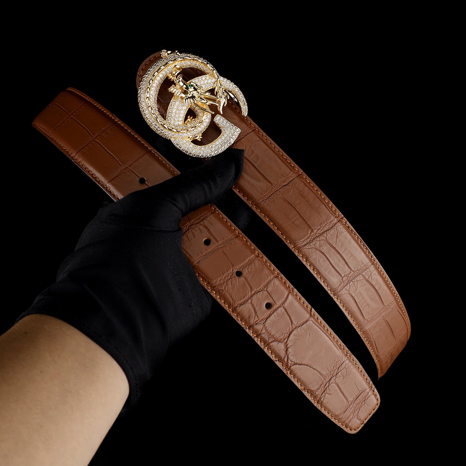 Crocodile Leather Belt for Men – Matte Finish with 3D Dragon G Buckle — side detail | BELTLEY