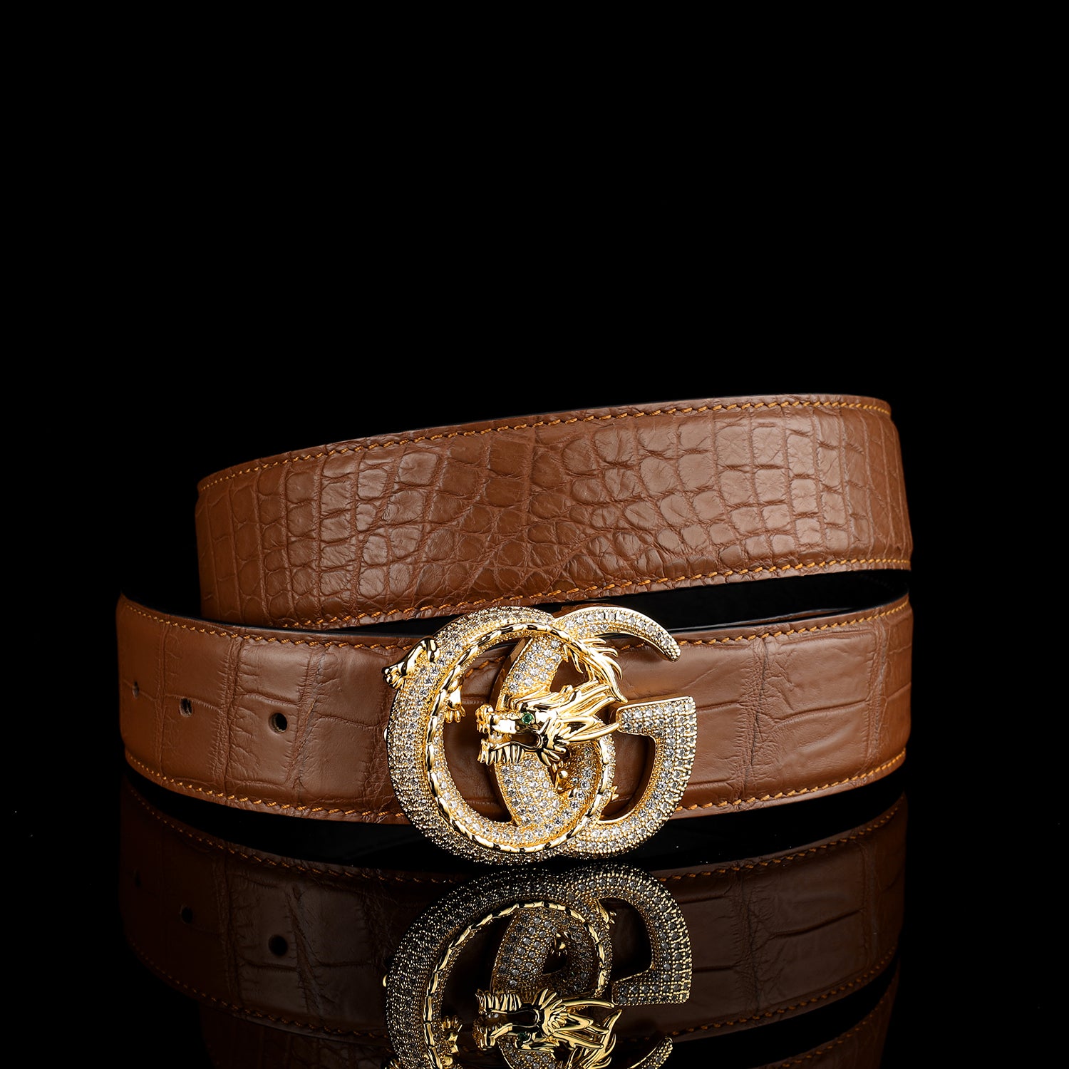 Crocodile Leather Belt for Men – Matte Finish with 3D Dragon G Buckle — buckle close-up | BELTLEY