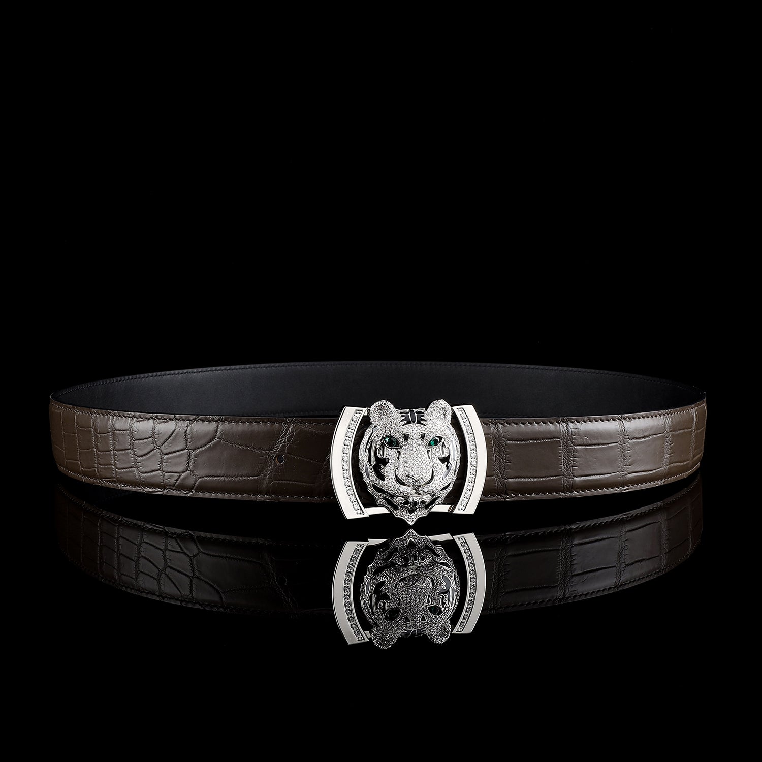 Dark Brown  Real Crocodile Leather Belt With Silver Tiger Buckle