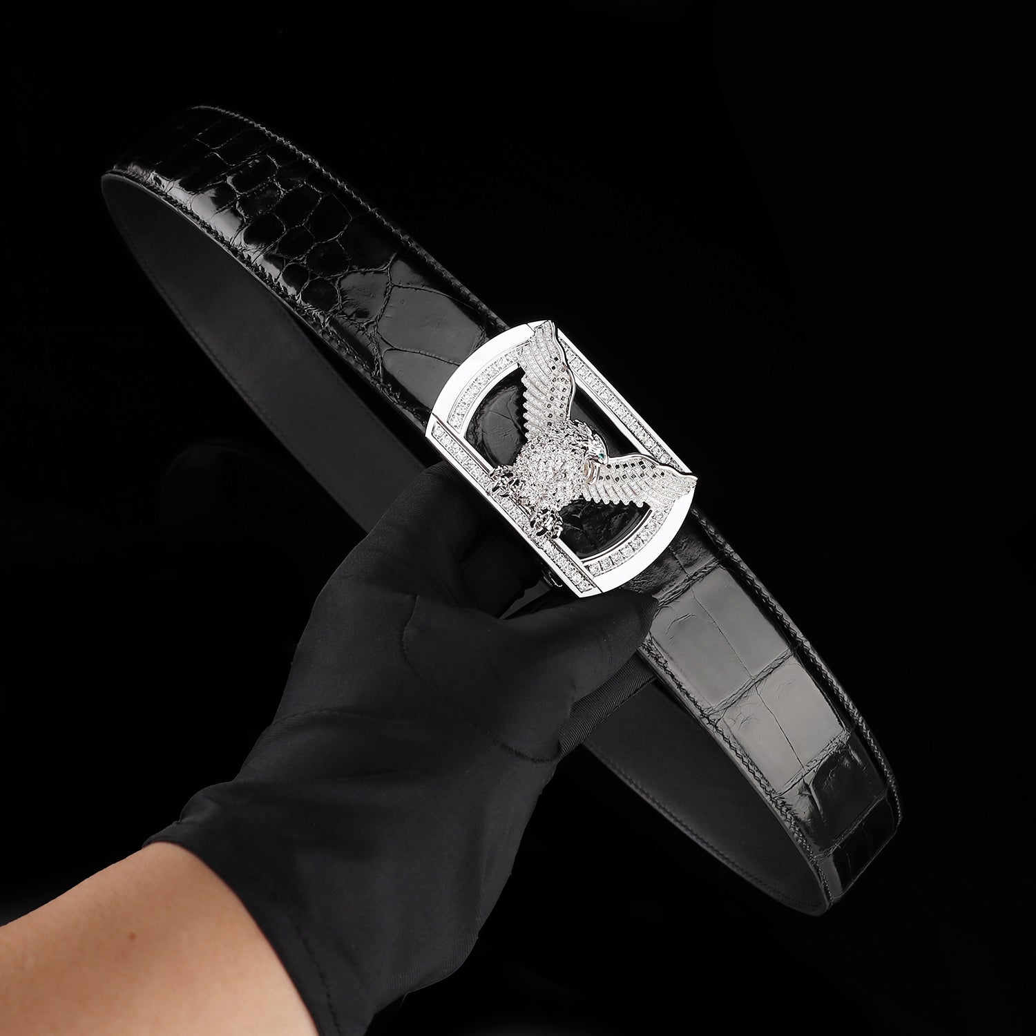 ELTLEY Black Glossy Nile Crocodile Leather Belt with Silver Eagle Buckle