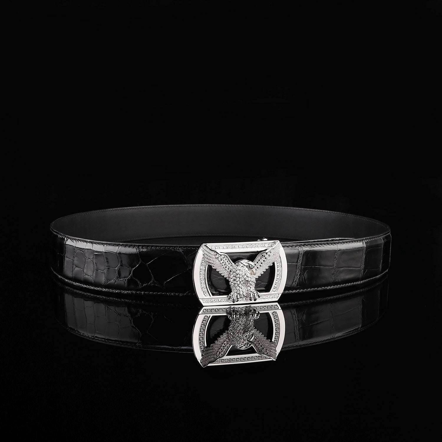 ELTLEY Black Glossy Nile Crocodile Leather Belt with Silver Eagle Buckle
