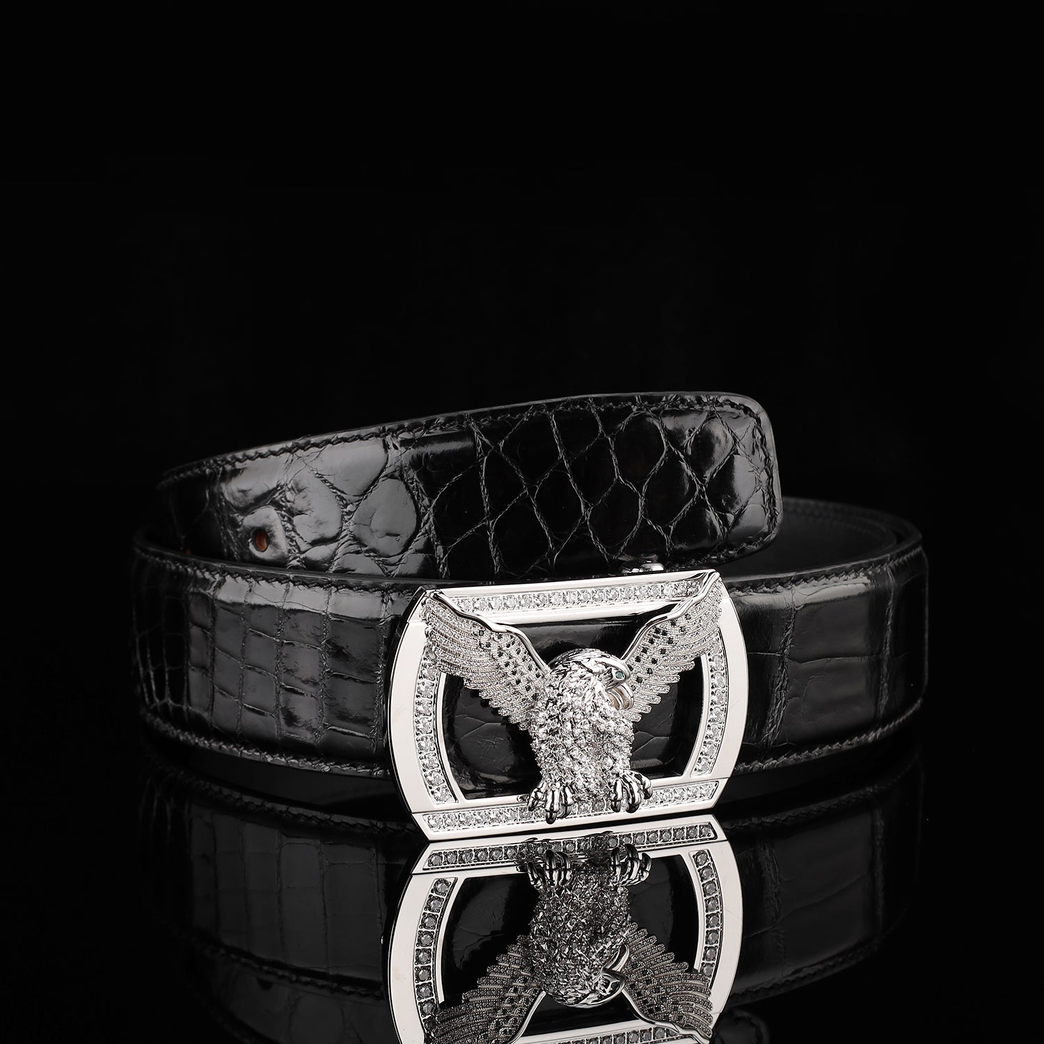 ELTLEY Black Glossy Nile Crocodile Leather Belt with Silver Eagle Buckle