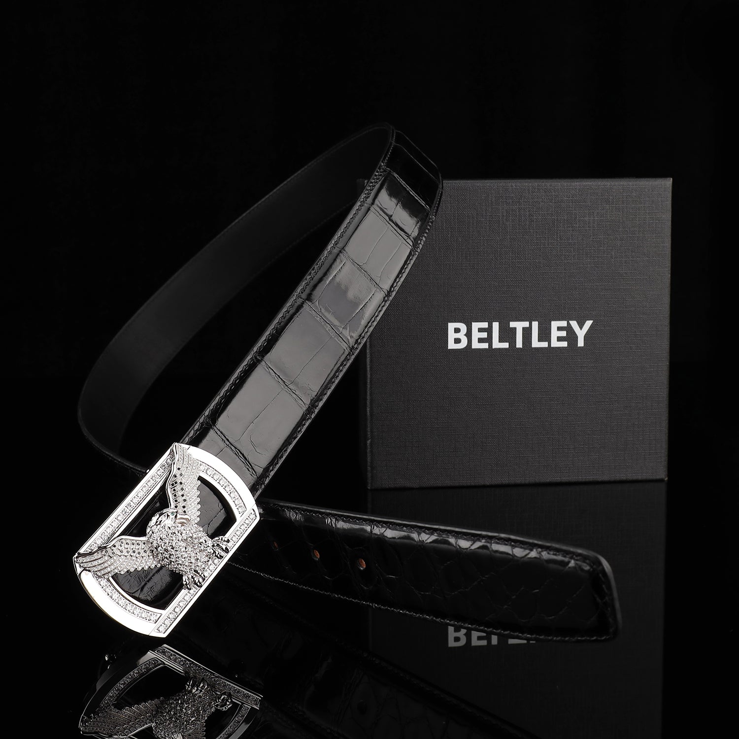 ELTLEY Black Glossy Nile Crocodile Leather Belt with Silver Eagle Buckle