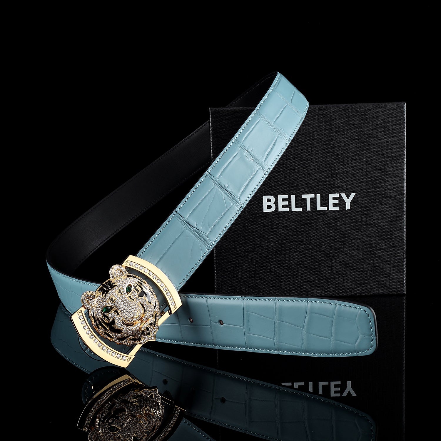 BELTLEY Original Blue Crocodile Leather Belt with Gold Tiger Buckle