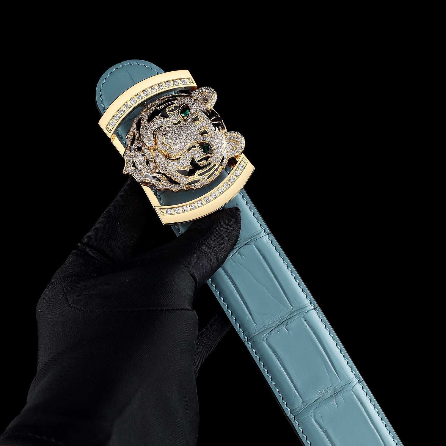 BELTLEY Original Blue Crocodile Leather Belt with Gold Tiger Buckle