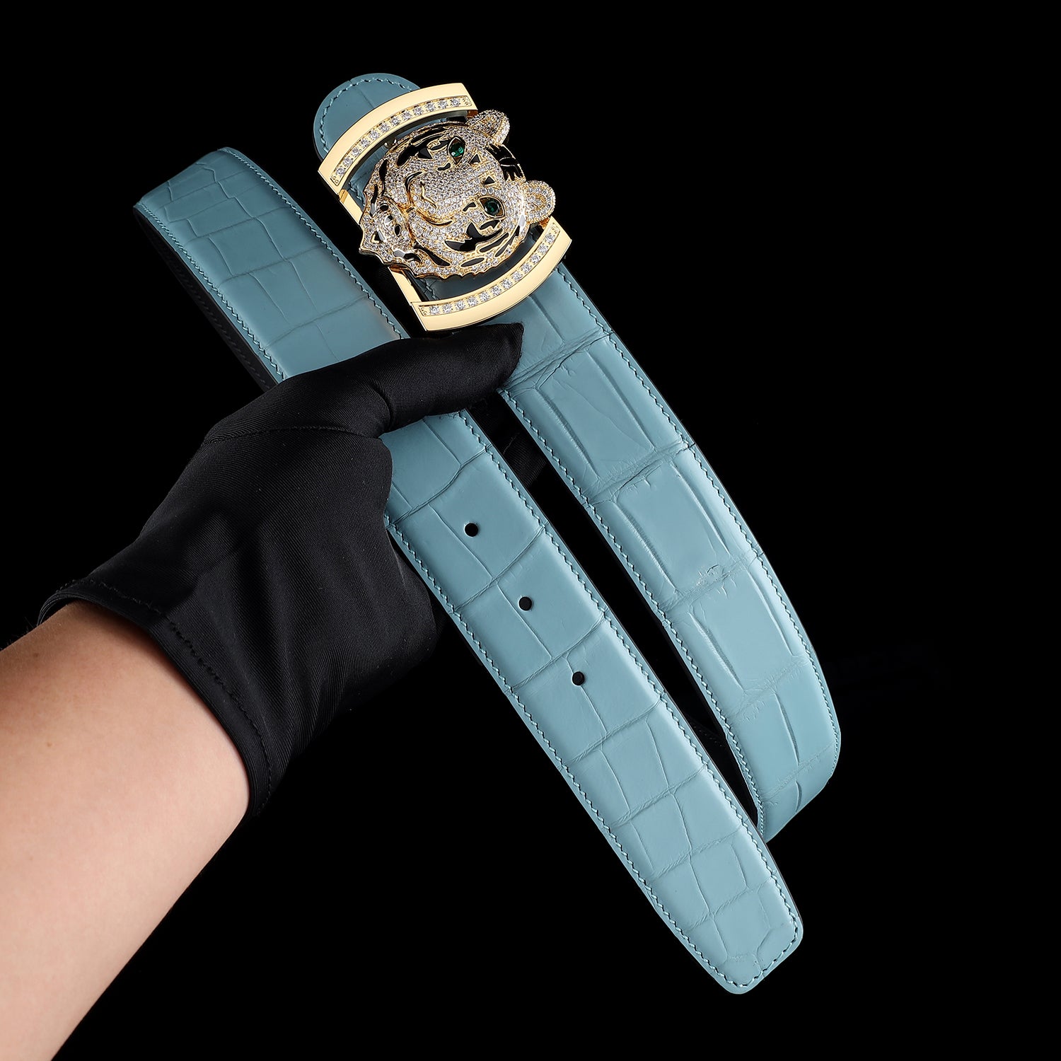 BELTLEY Original Blue Crocodile Leather Belt with Gold Tiger Buckle