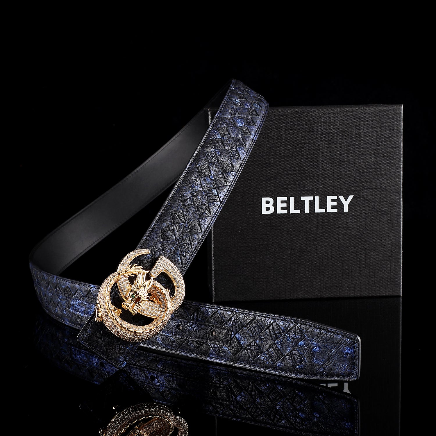 Handwoven Ostrich Leather Belt – 3D Dragon “G” Rhinestone Buckle — lay-flat view | BELTLEY