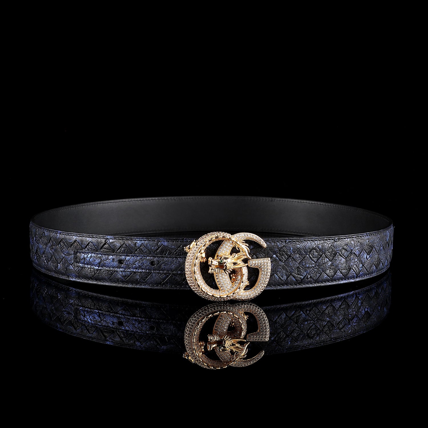 Handwoven Ostrich Leather Belt – 3D Dragon “G” Rhinestone Buckle