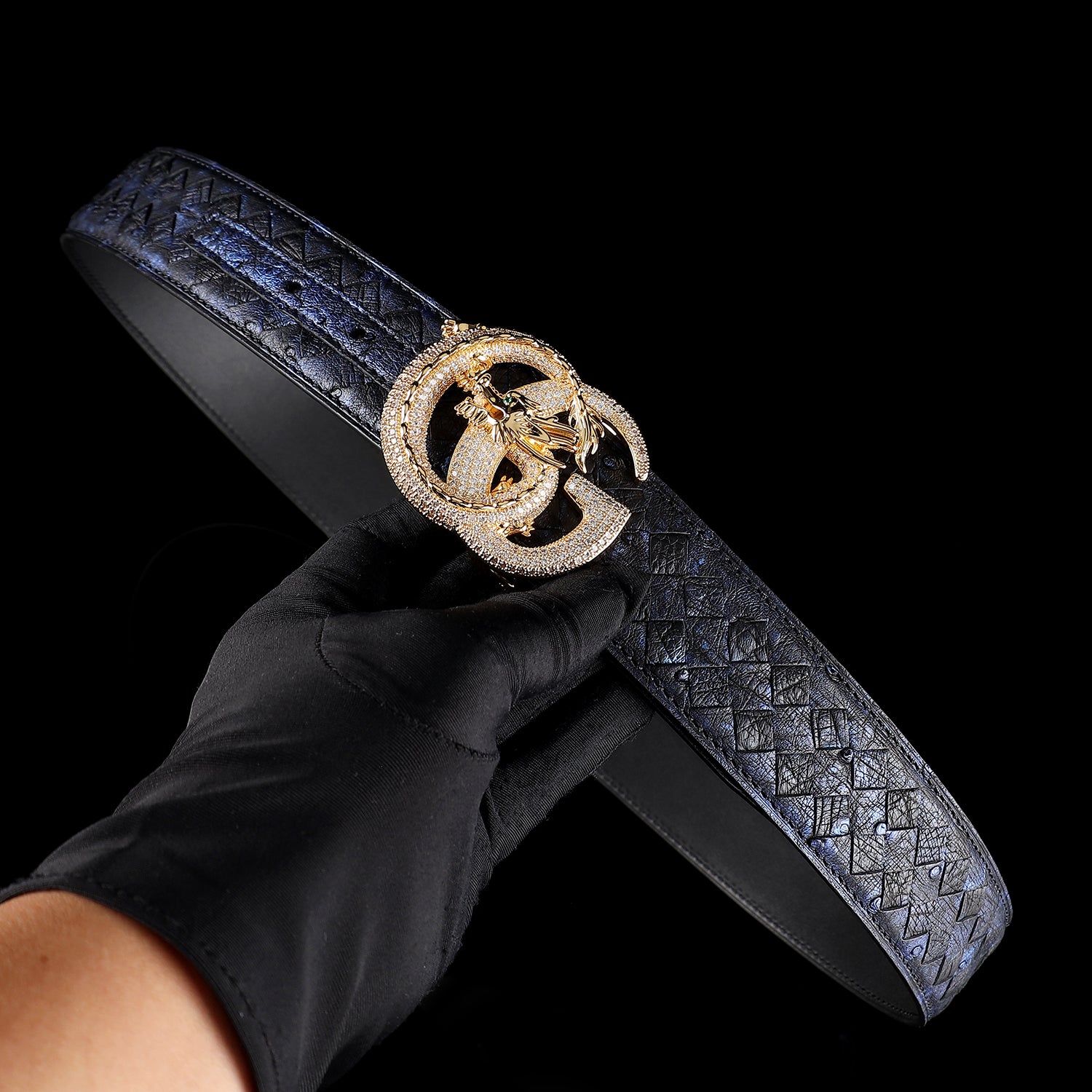 Handwoven Ostrich Leather Belt – 3D Dragon “G” Rhinestone Buckle — reverse side | BELTLEY