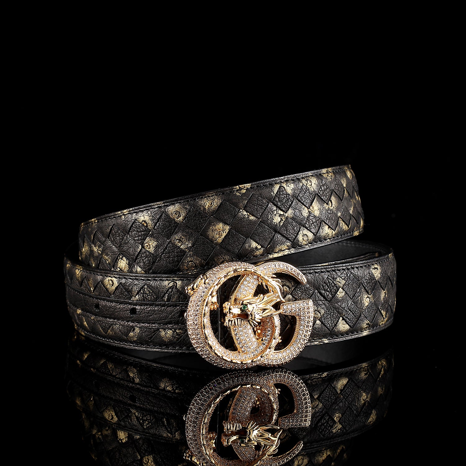 Handwoven Ostrich Leather Belt – 3D Dragon “G” Rhinestone Buckle — additional view 13 | BELTLEY