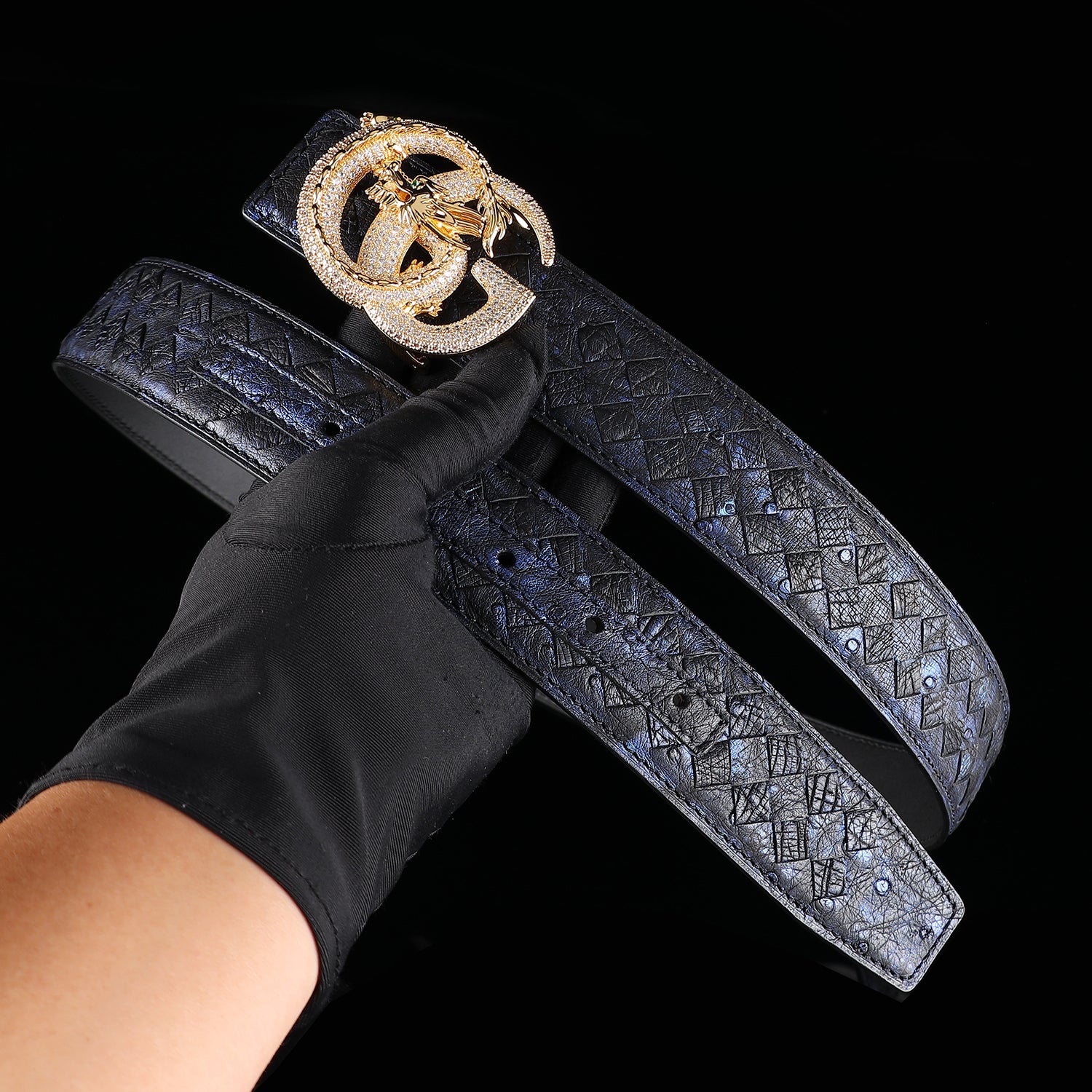 Handwoven Ostrich Leather Belt – 3D Dragon “G” Rhinestone Buckle — detail close-up | BELTLEY