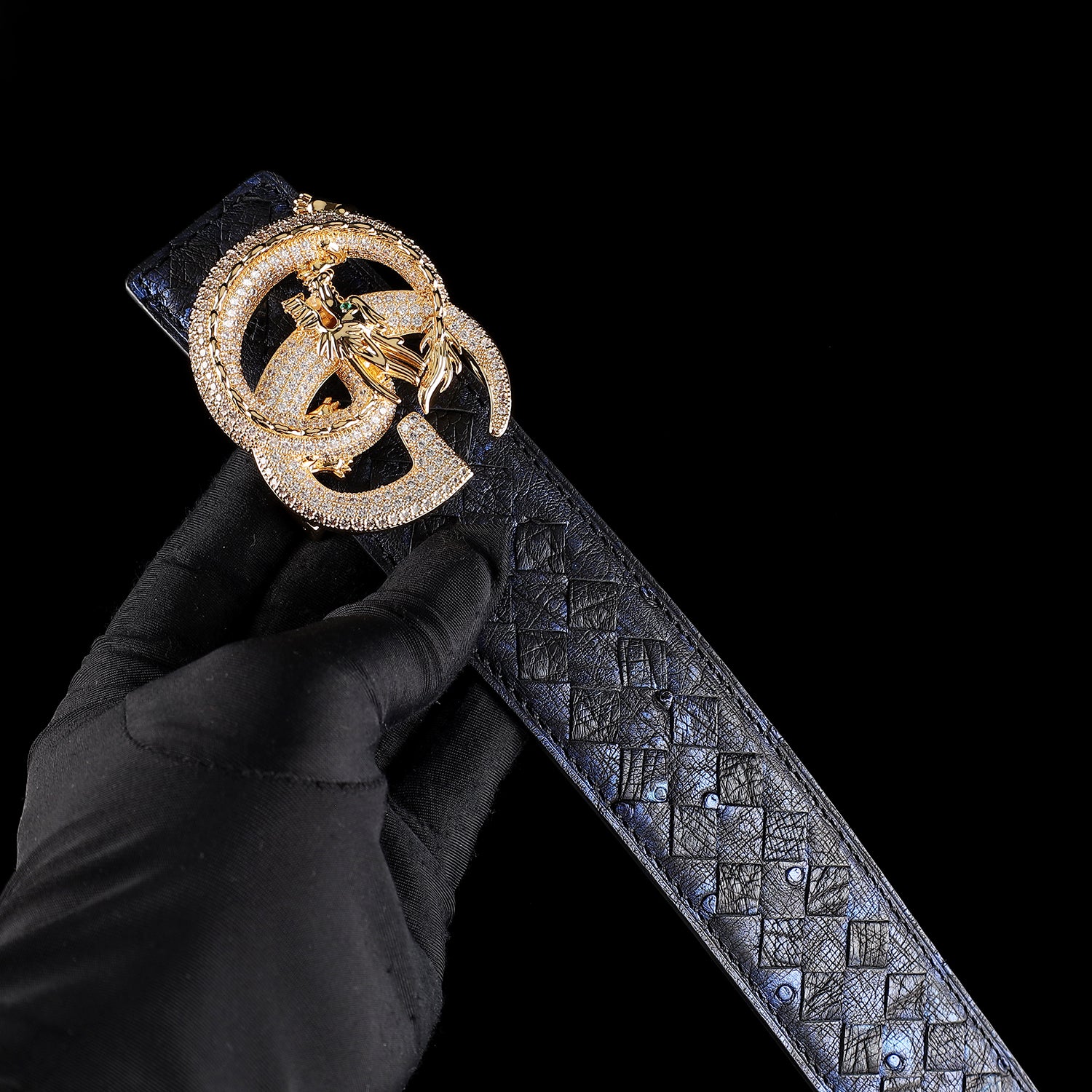Handwoven Ostrich Leather Belt – 3D Dragon “G” Rhinestone Buckle — lifestyle shot | BELTLEY