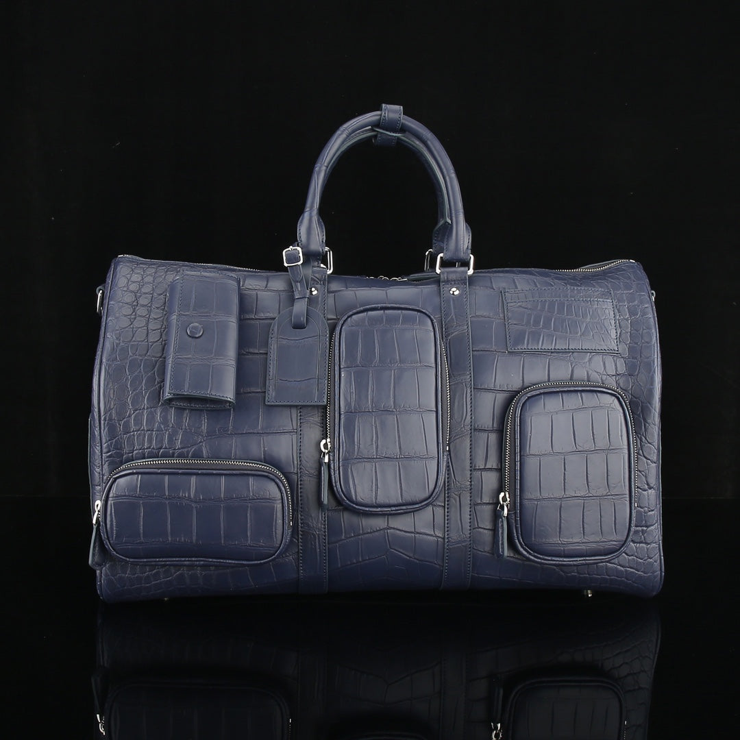 The BELTLEY Navigator: Matte Navy Blue Nile Crocodile Duffle Bag