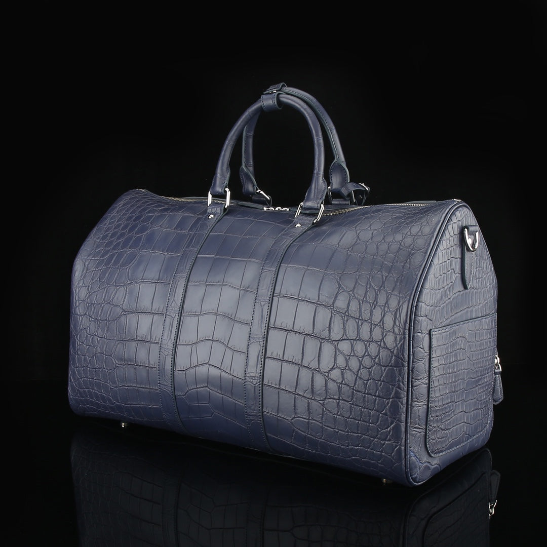The BELTLEY Navigator: Matte Navy Blue Nile Crocodile Duffle Bag