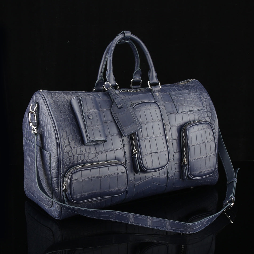 The BELTLEY Navigator: Matte Navy Blue Nile Crocodile Duffle Bag