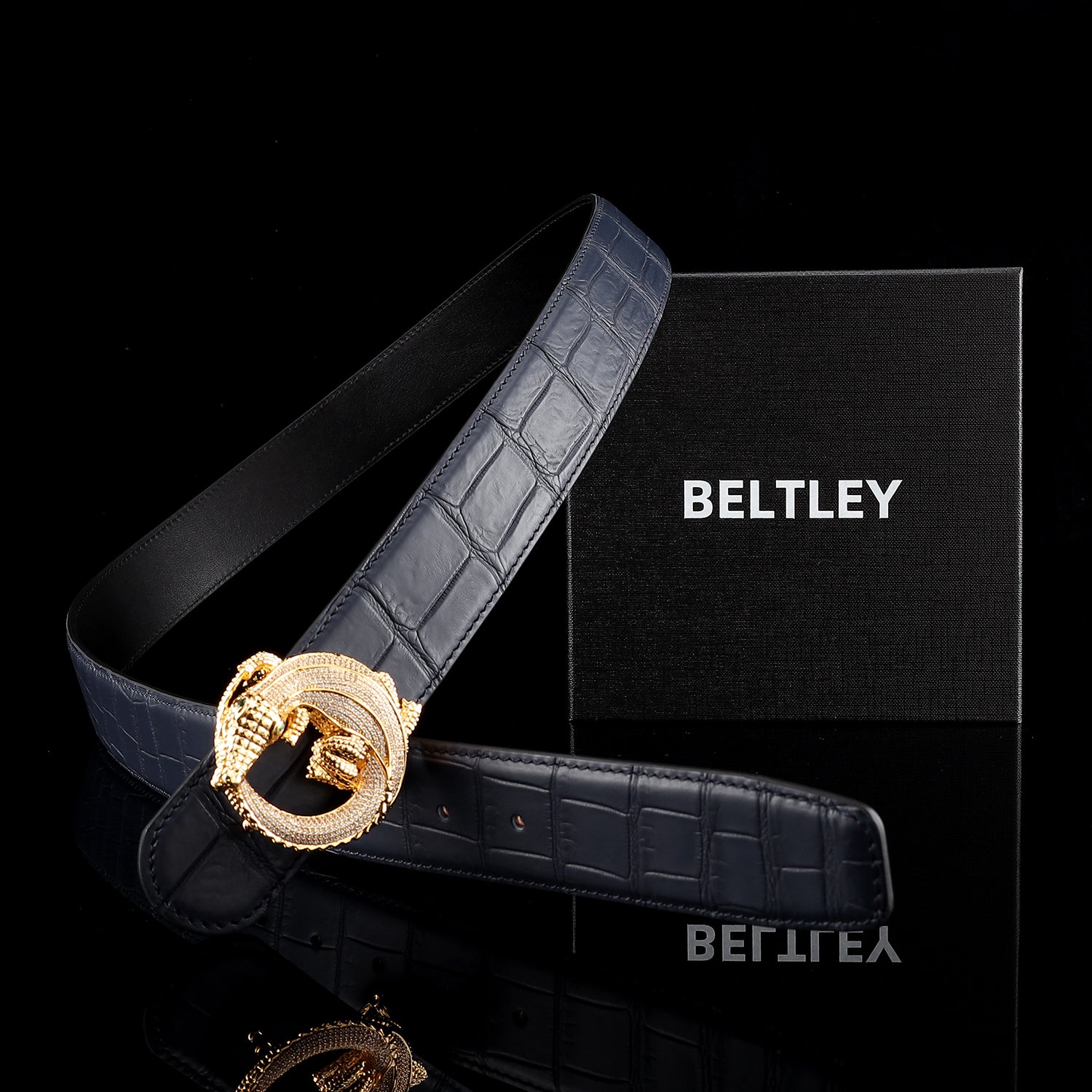 Men's Crocodile Leather Belt with 3D Gold Crocodile Buckle — edge detail | BELTLEY