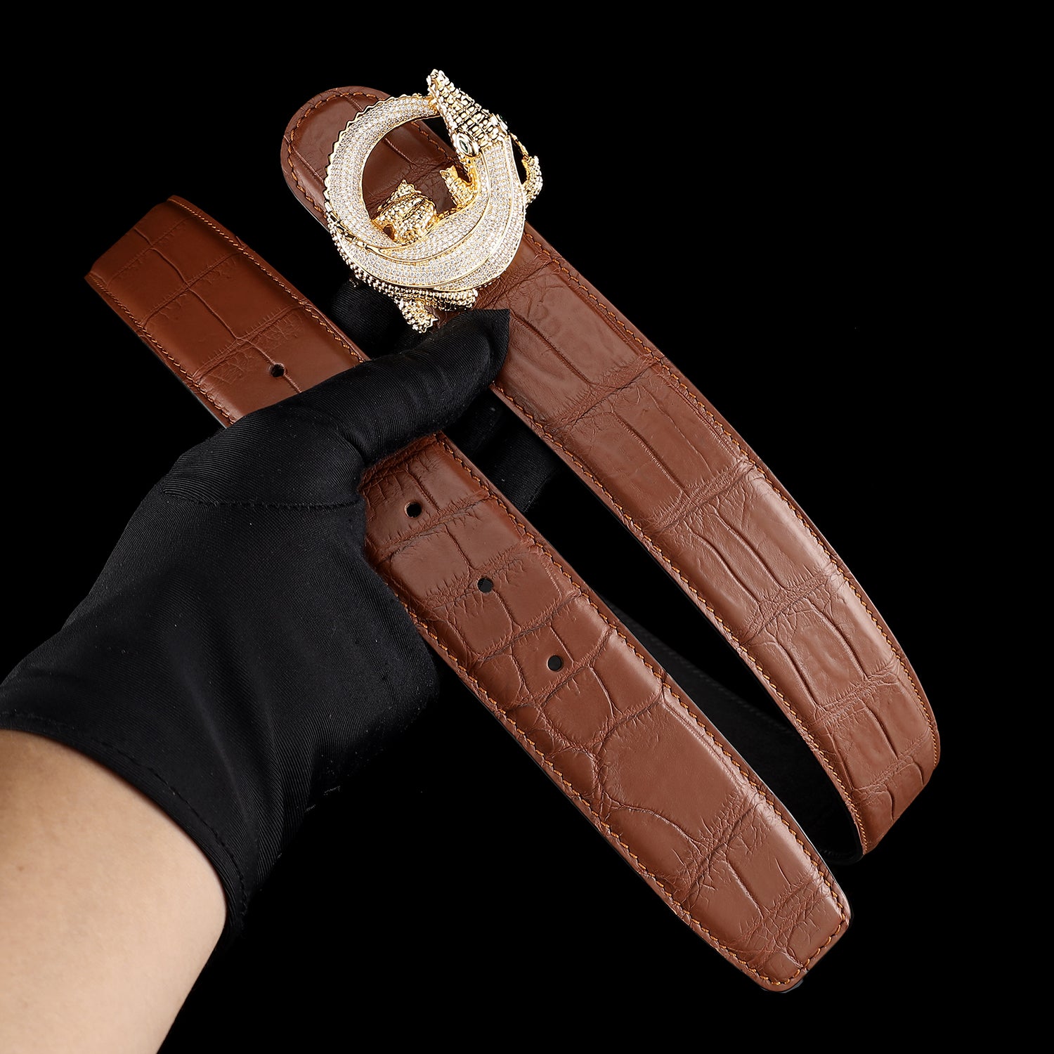 Men's Crocodile Leather Belt with 3D Gold Crocodile Buckle — lifestyle shot | BELTLEY