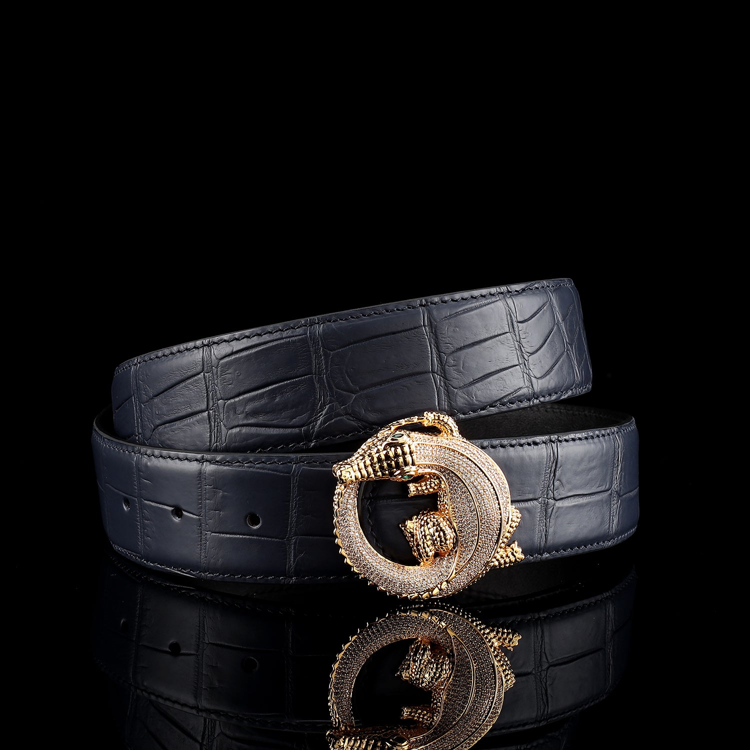 Men's Crocodile Leather Belt with 3D Gold Crocodile Buckle — additional view 14 | BELTLEY