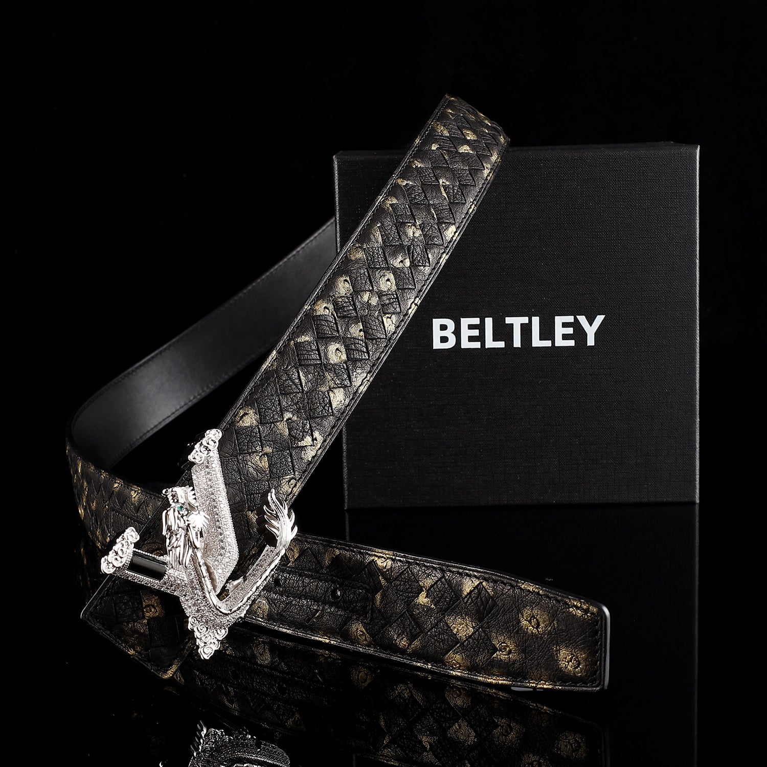 Men’s Handwoven Ostrich Leather Belt – 3D Dragon Rhinestone Buckle, 1.5" — lifestyle shot | BELTLEY