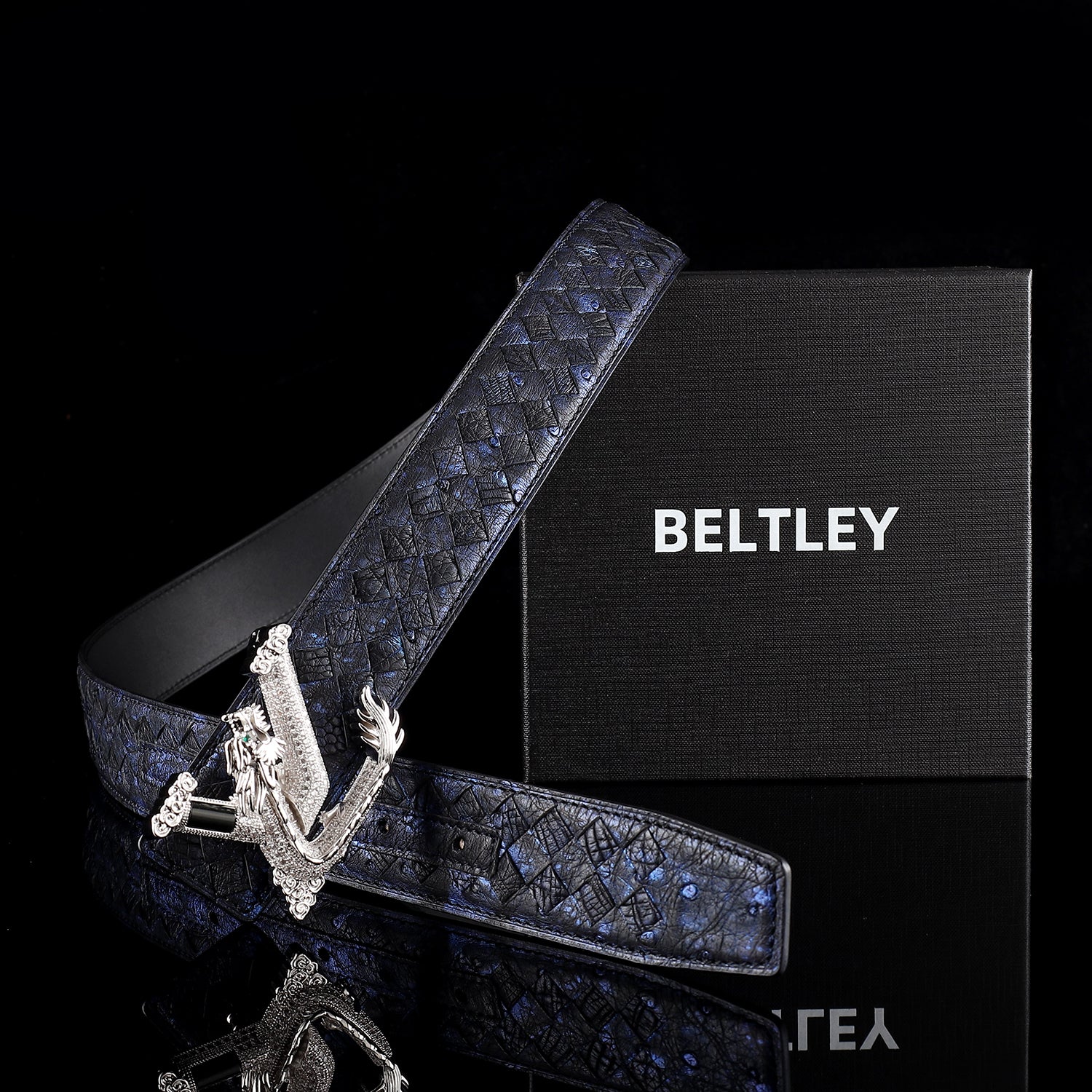 Men’s Handwoven Ostrich Leather Belt – 3D Dragon Rhinestone Buckle, 1.5" — additional view 15 | BELTLEY